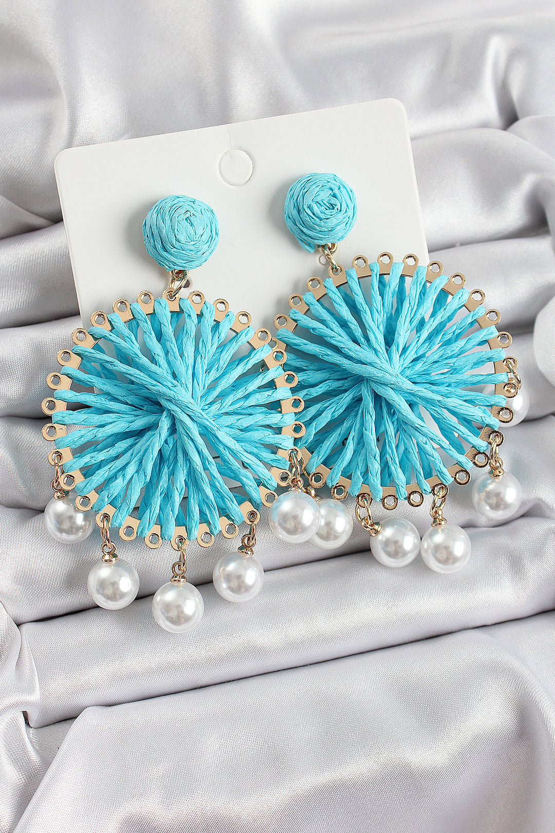 EBJ Blue Straw Knitted Spiral Model Dangling Earrings with Pearl Details in Gold Color for Women - Voerde