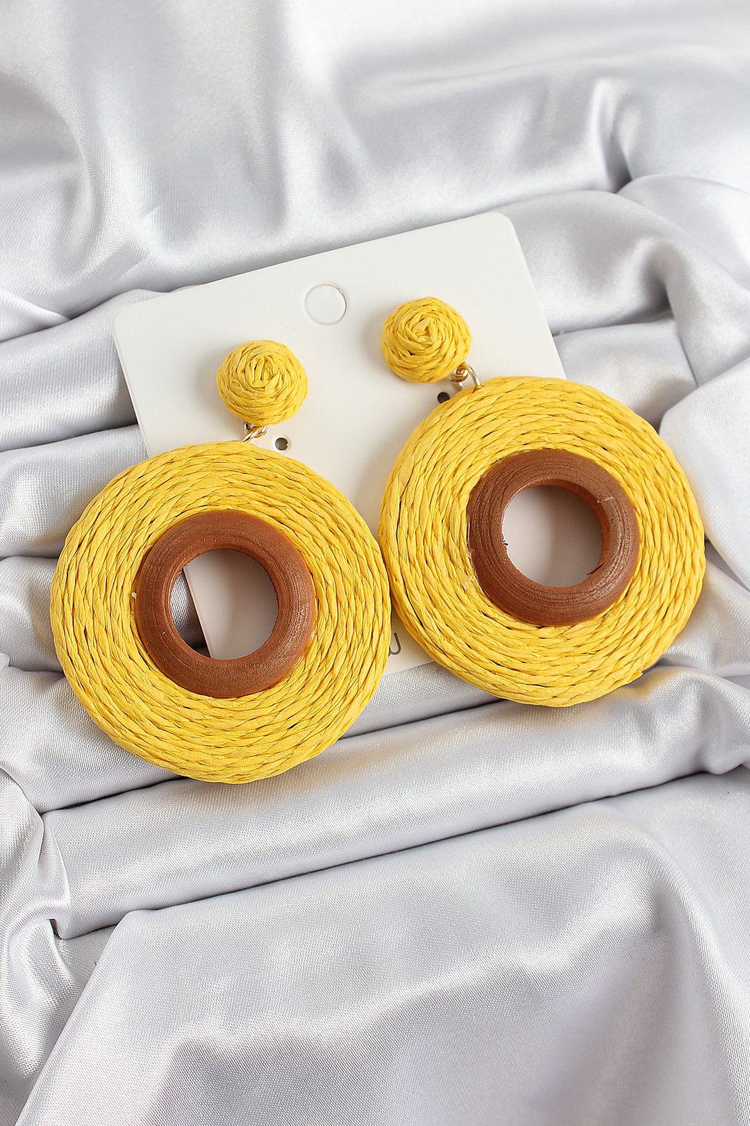 EBJ Yellow Hoop Earrings with Woven Straw Pattern in Gold Color for Women - Berlin