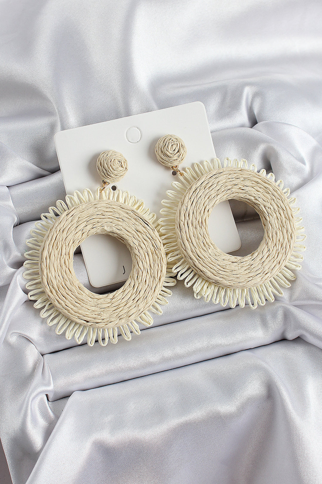 EBJ Beige Tassel Hoop Earrings with Woven Figure Pattern in Gold Color - West Palm Beach