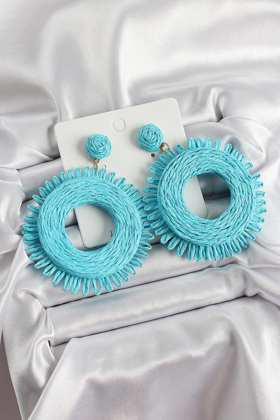 EBJ Blue Tassel Hoop Earrings with Figure Straw Weave Model Gold Color Women's Earrings - Myrtle Beach
