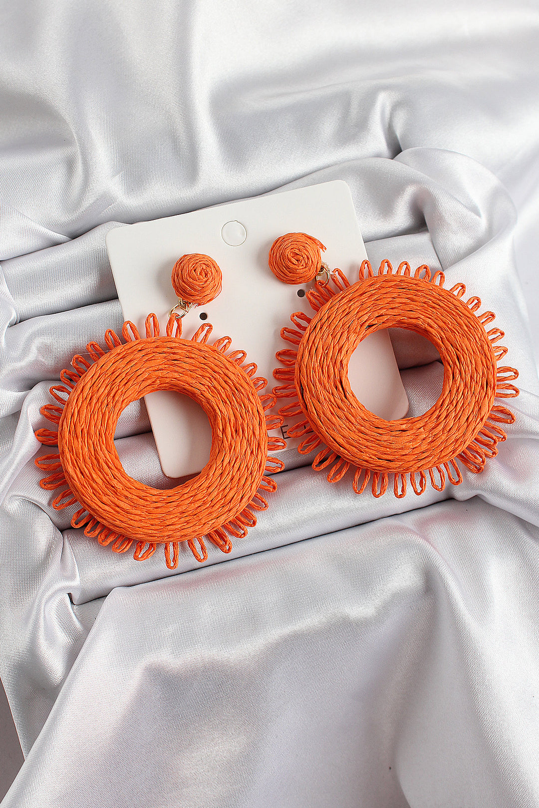 EBJ Gold Color Women's Earrings with Orange Tassel Ring Figure Wicker Knitting Pattern - Tepalcatepec