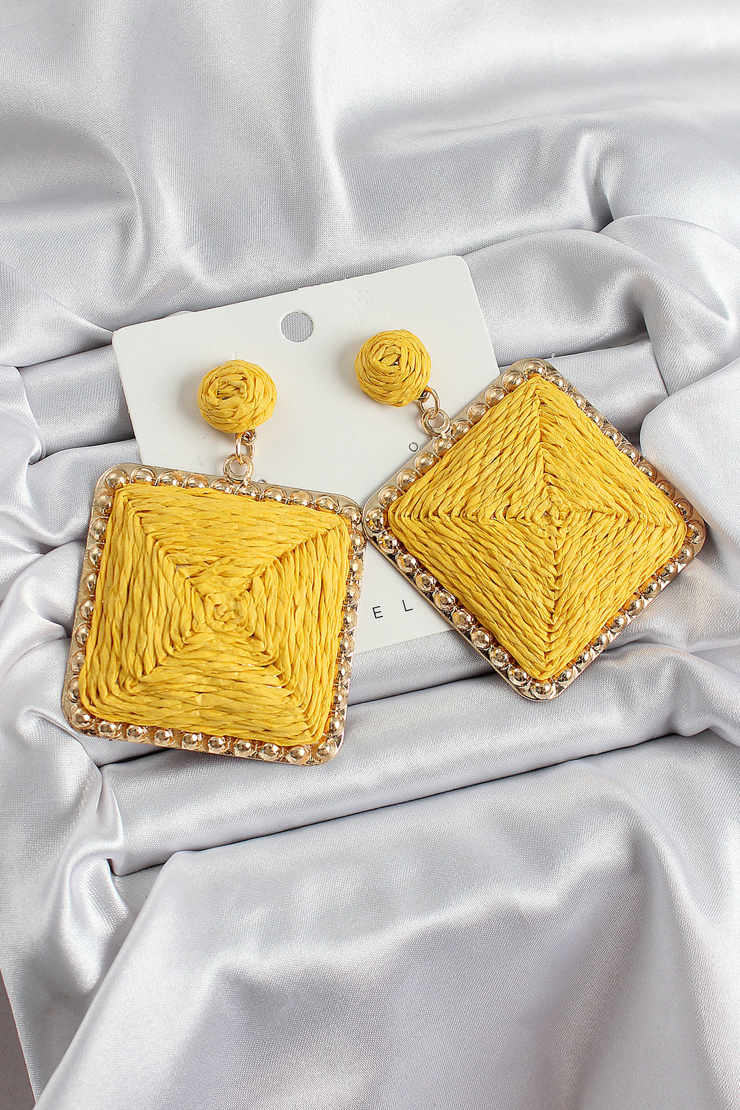 EBJ Gold Color Women's Earrings with Yellow Square Wicker Pattern - Langenfeld