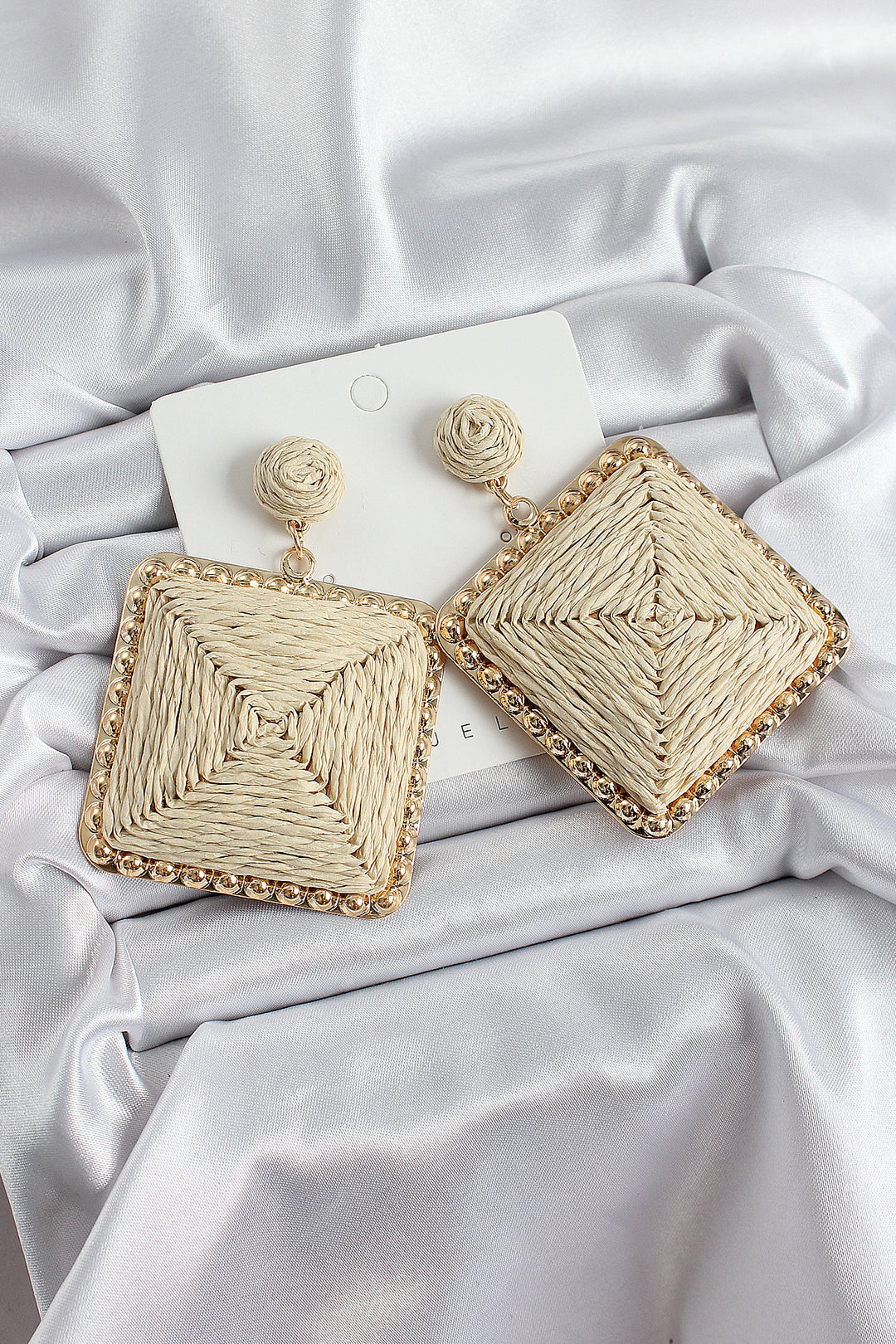 EBJ Beige Square Wicker Weave Pattern Gold Color Women's Earrings - Marietta