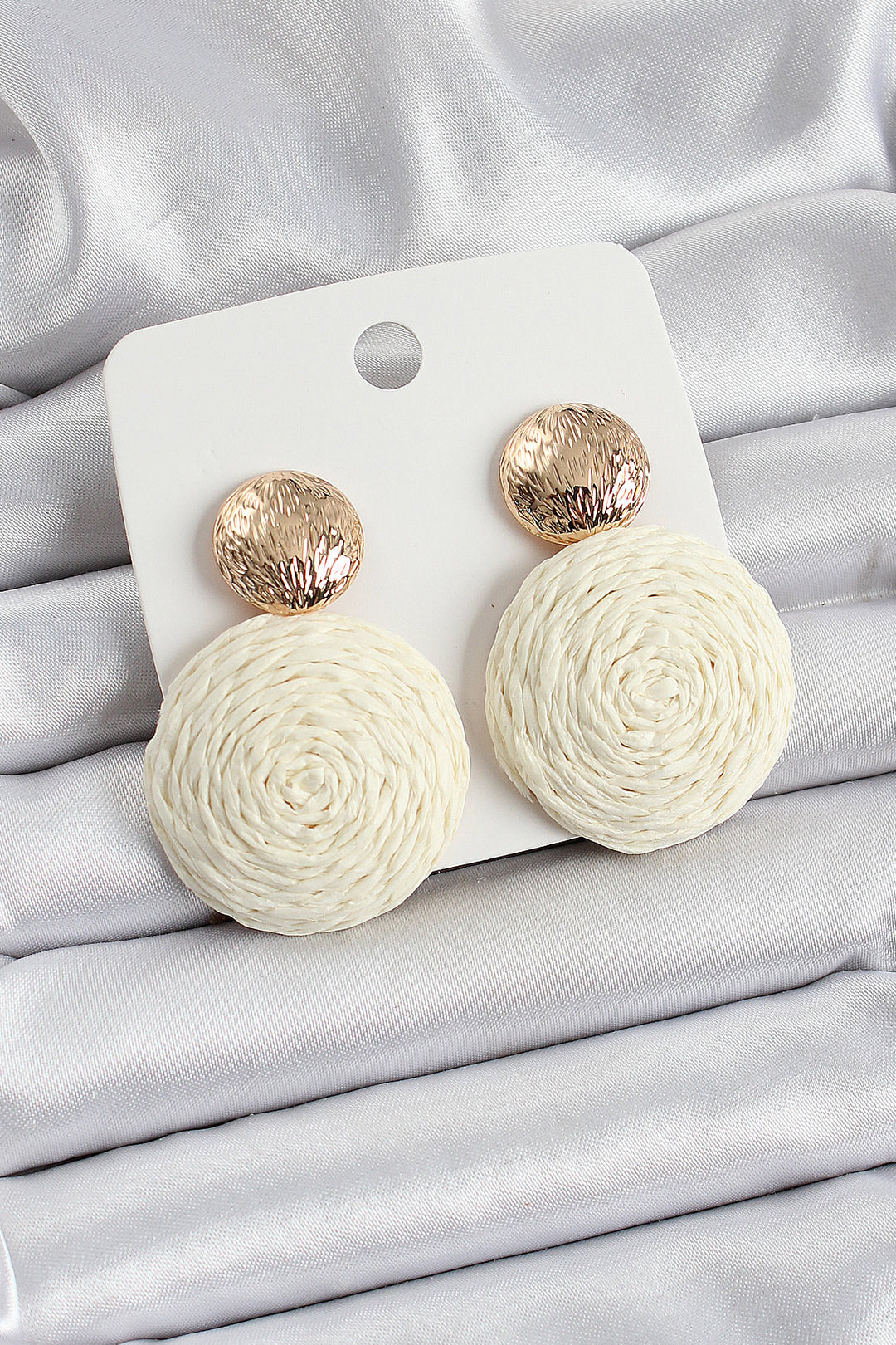 EBJ Cream Round Figure Straw Weave Model Gold Color Women's Earrings - Santa Cruz