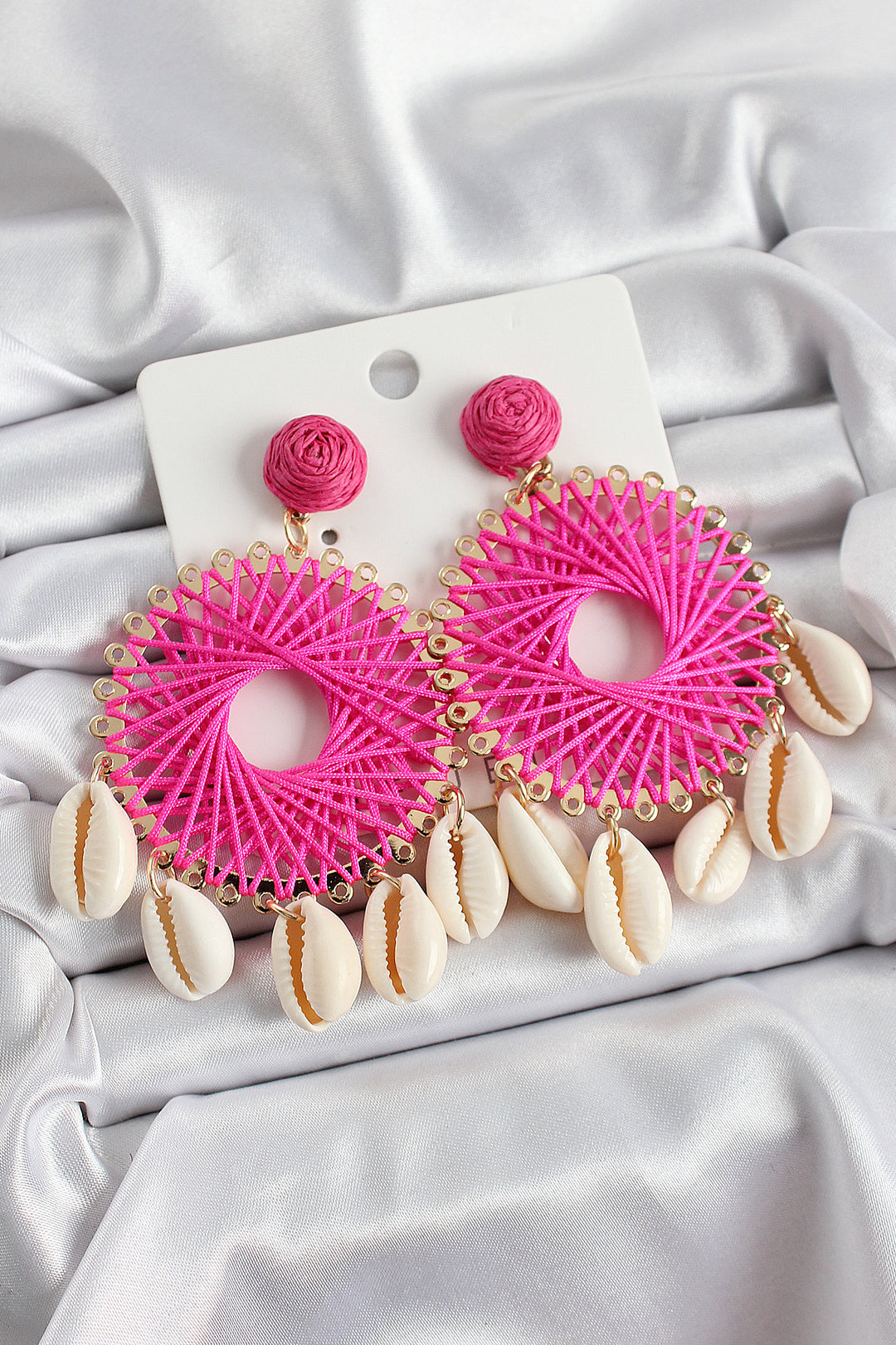 EBJ Pink Wicker Knit Spiral Model Dangling Seashell Detailed Gold Color Women's Earrings - Cuautla