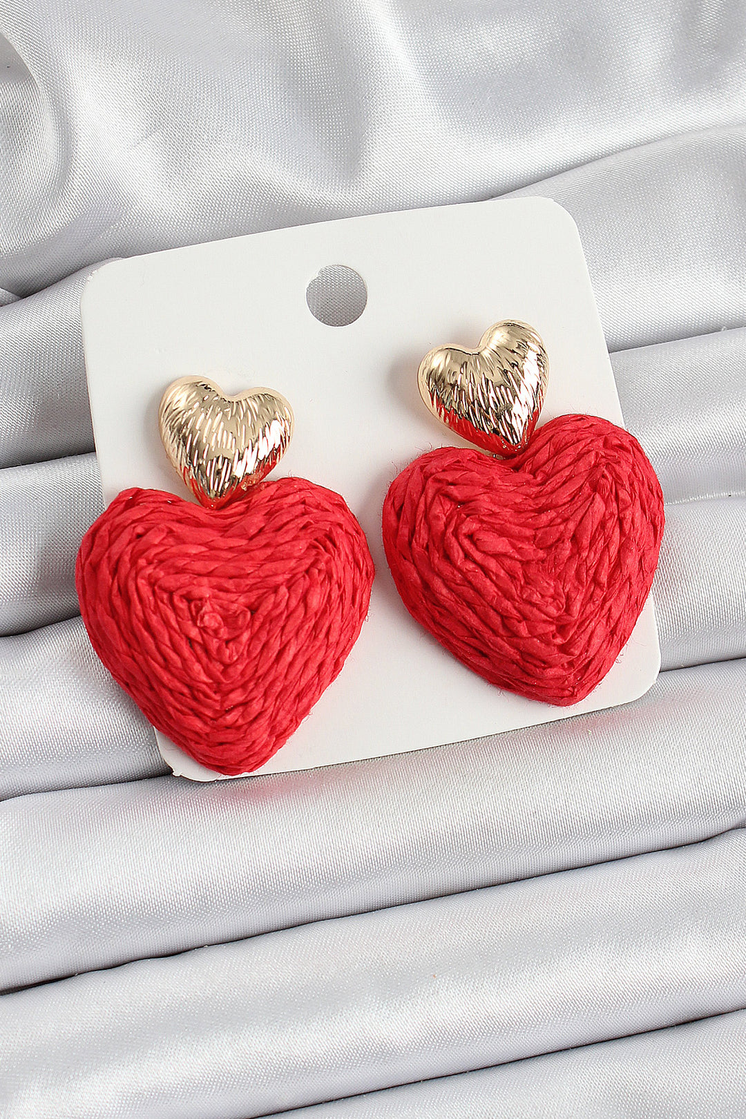 EBJ Gold Color Women's Earrings with Red Heart Shaped Wicker Weave Pattern - Kamp-Lintfort