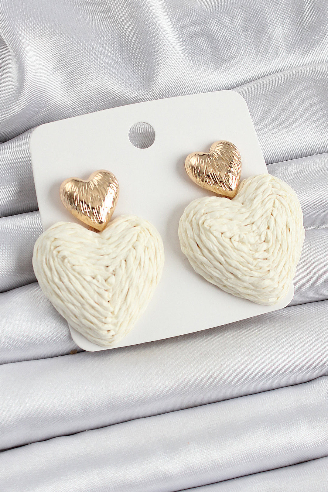 EBJ Cream Heart Shaped Straw Weave Model Gold Color Women's Earrings - Miami Beach