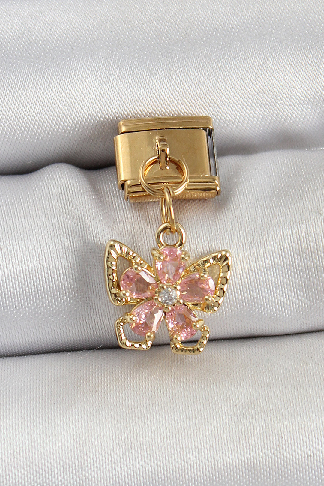 EBJ 316L Stainless Steel Dangling Zircon Stone Flower Figured Butterfly Model Gold Color Nomination Charm - Fondi