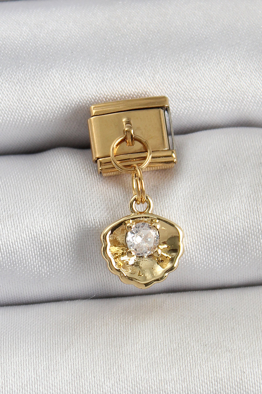 EBJ 316L Stainless Steel Dangling Zircon Stone Oyster Model Gold Color Nomination Charm - Voghera