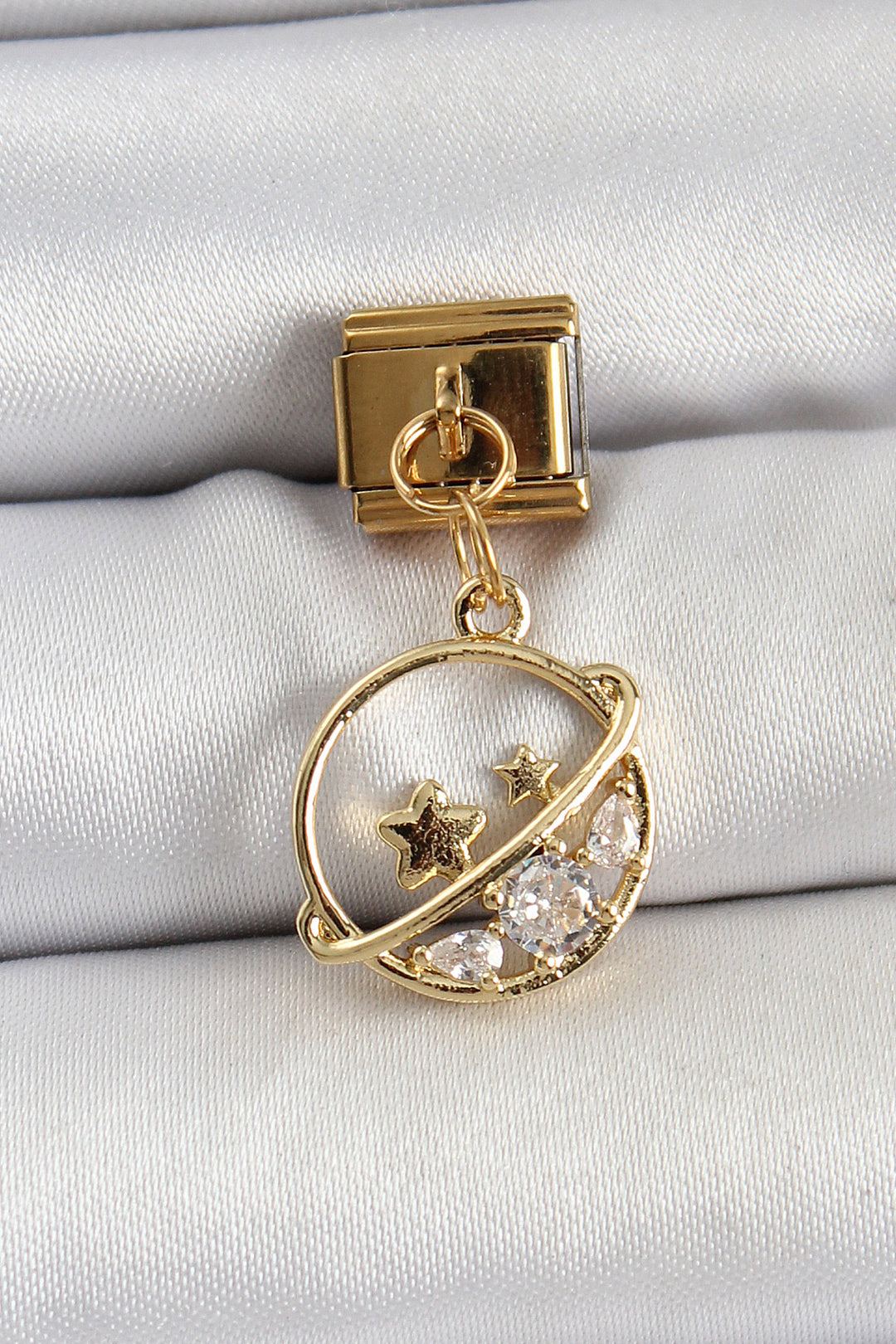 EBJ 316L Stainless Steel Dangling Saturn Model Gold Color Nomination Charm with Zircon Stone - Indianapolis