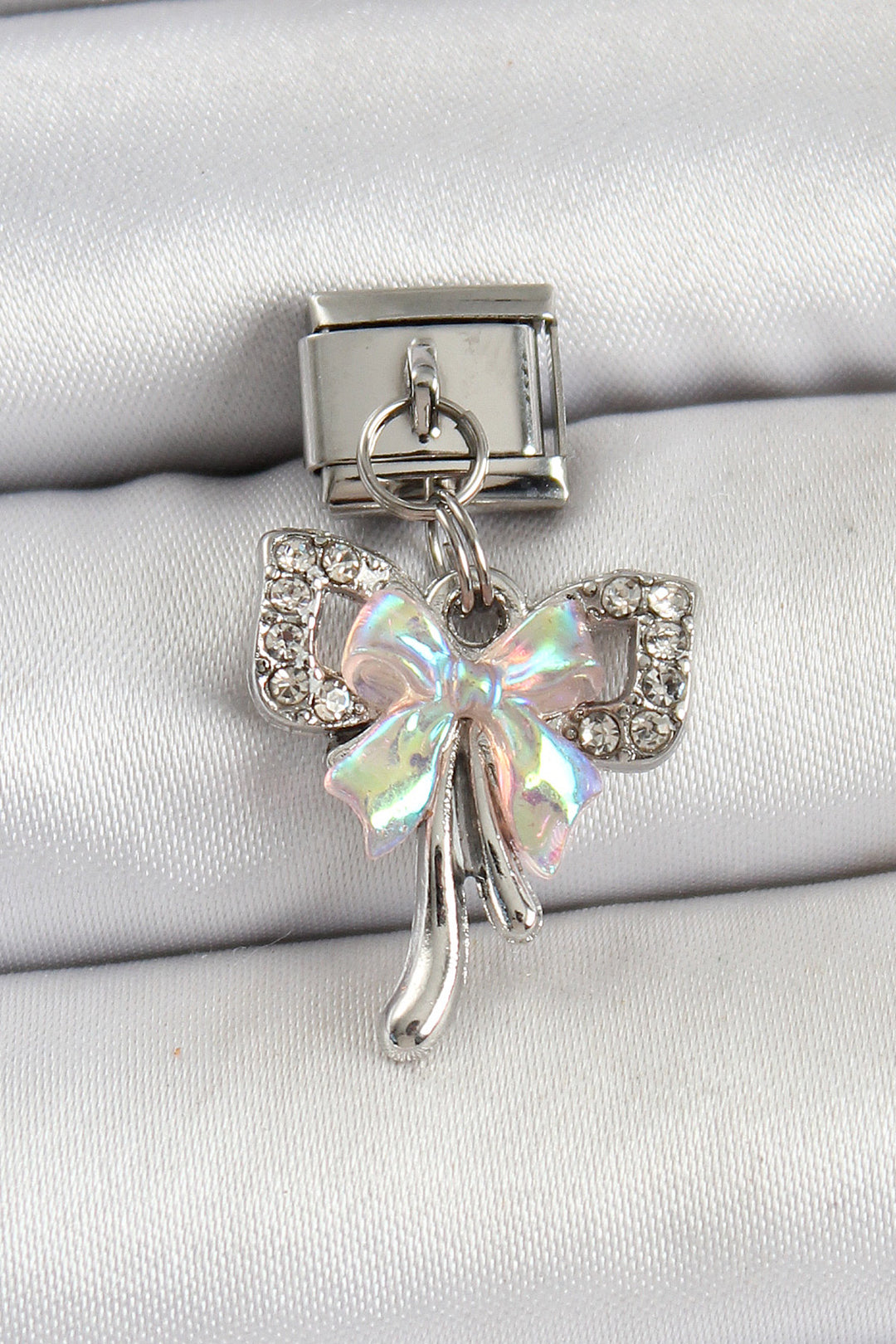 EBJ 316L Stainless Steel Dangling Zircon Stone Bow Model Silver Color Nomination Charm - Baldwin Park