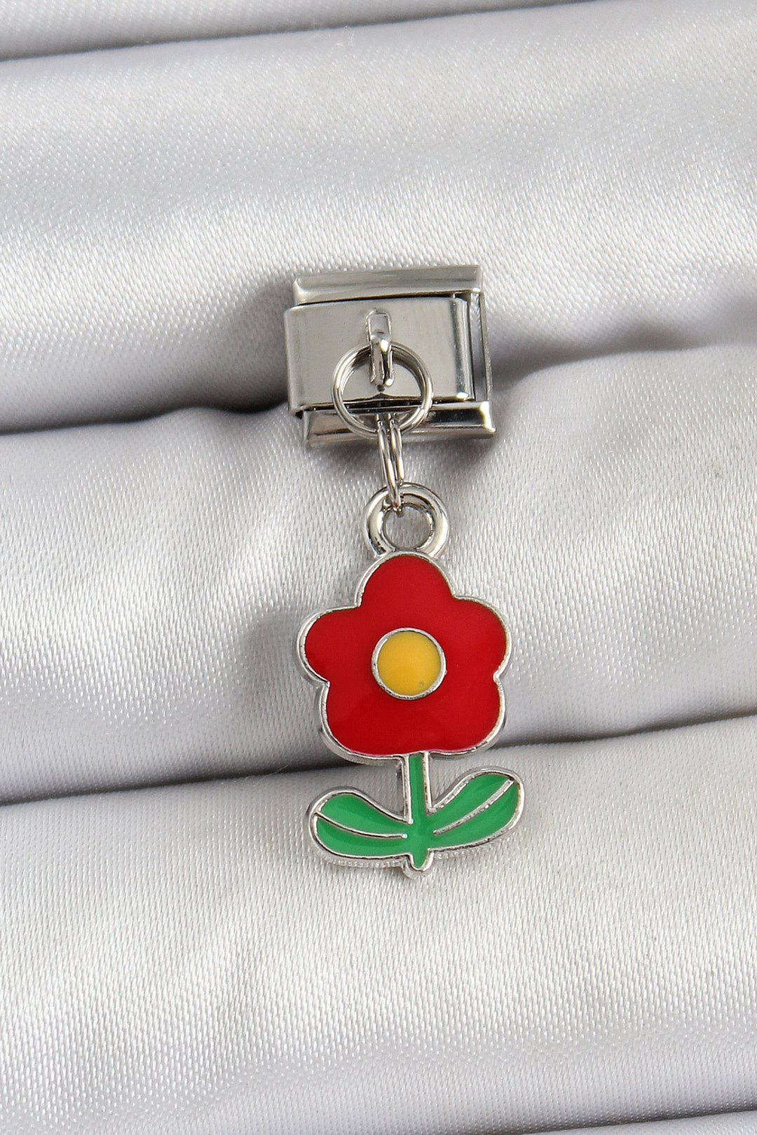 EBJ 316L Stainless Steel Dangling Red Daisy Model Silver Color Nomination Charm - Bellflower
