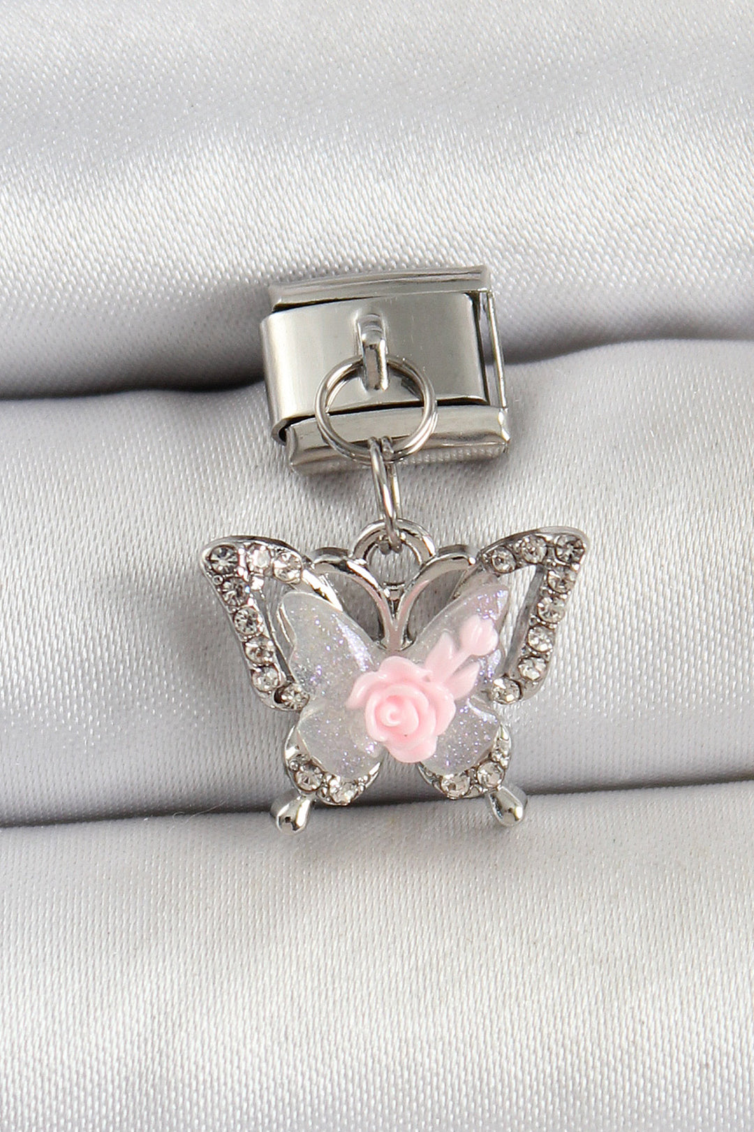 EBJ 316L Stainless Steel Dangling Rose Detailed Zircon Stone Butterfly Model Silver Color Nomination Charm - Prattville