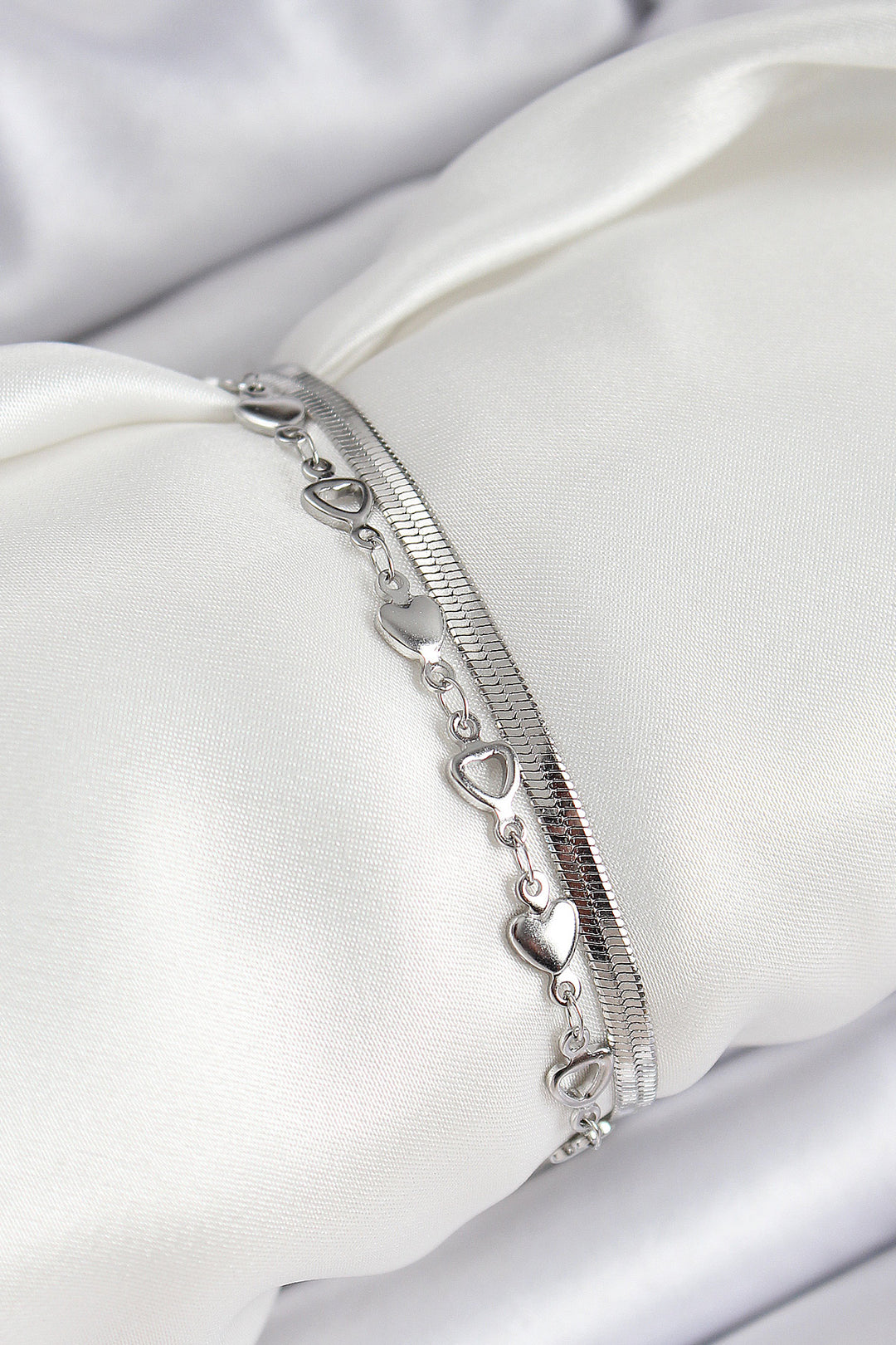 EBJ 316L Stainless Steel Silver Color Heart Chain and Italian Chain 2-Piece Women's Bracelet - Huebampo