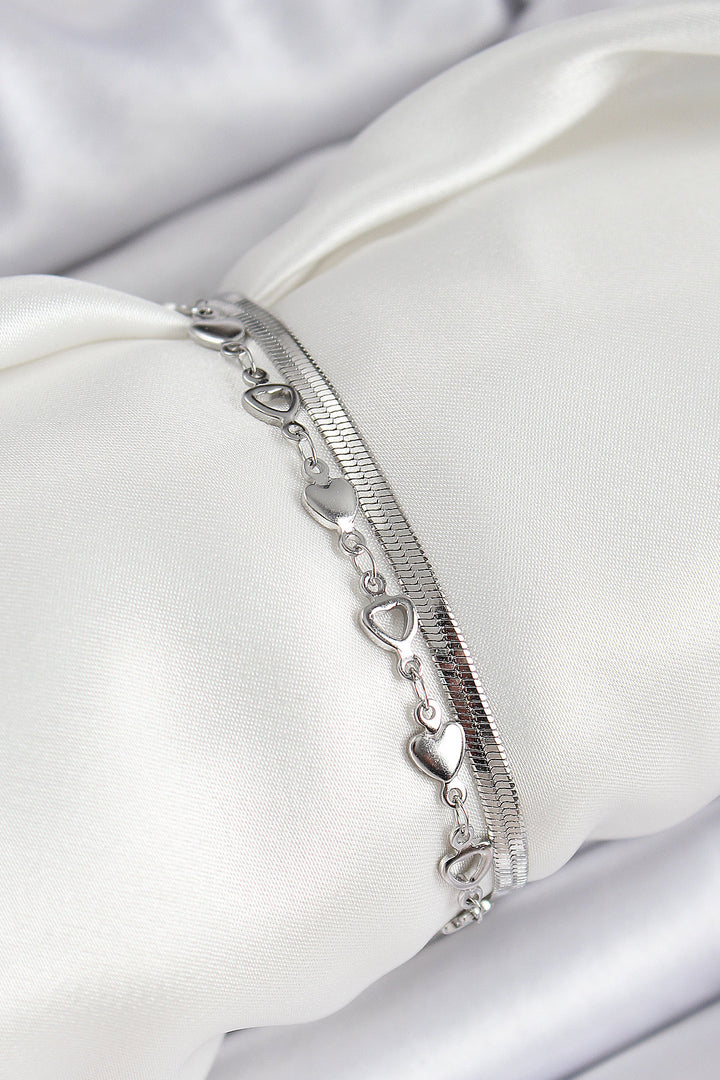 EBJ 316L Stainless Steel Silver Color Heart Chain and Italian Chain 2-Piece Women's Bracelet - Huebampo