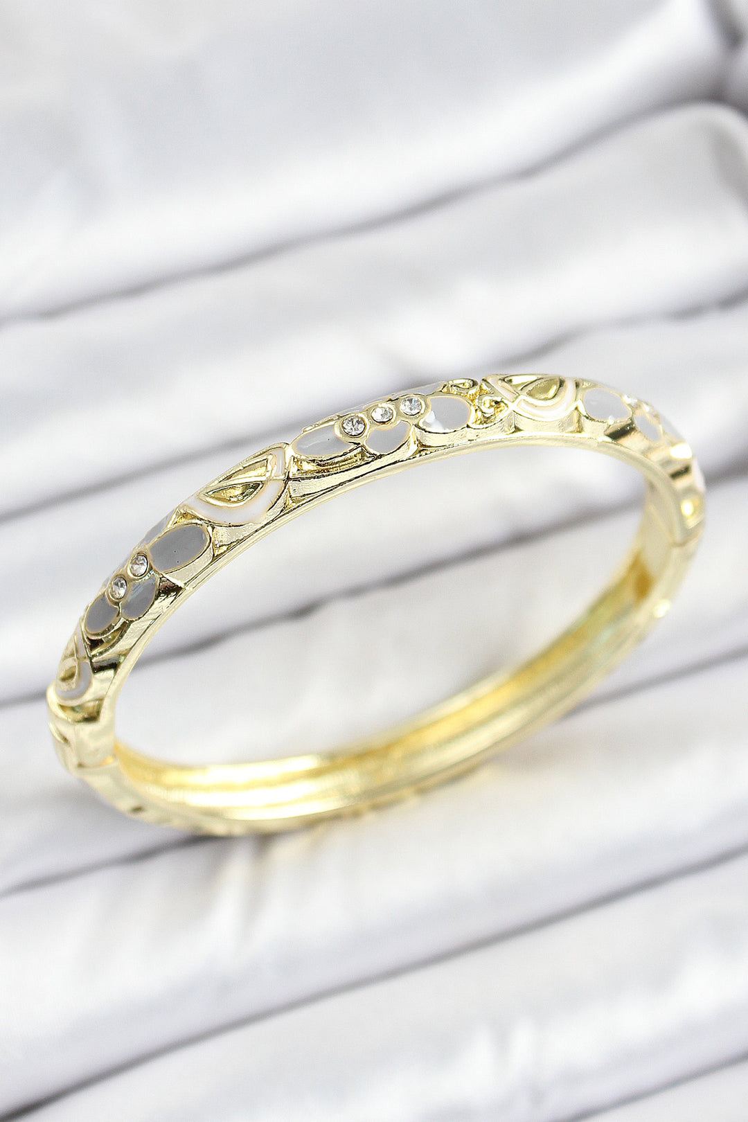 EBJ Enamel Rice Zircon Stone Grey Flower Pattern Gold Color Women's Cuff - Beeston
