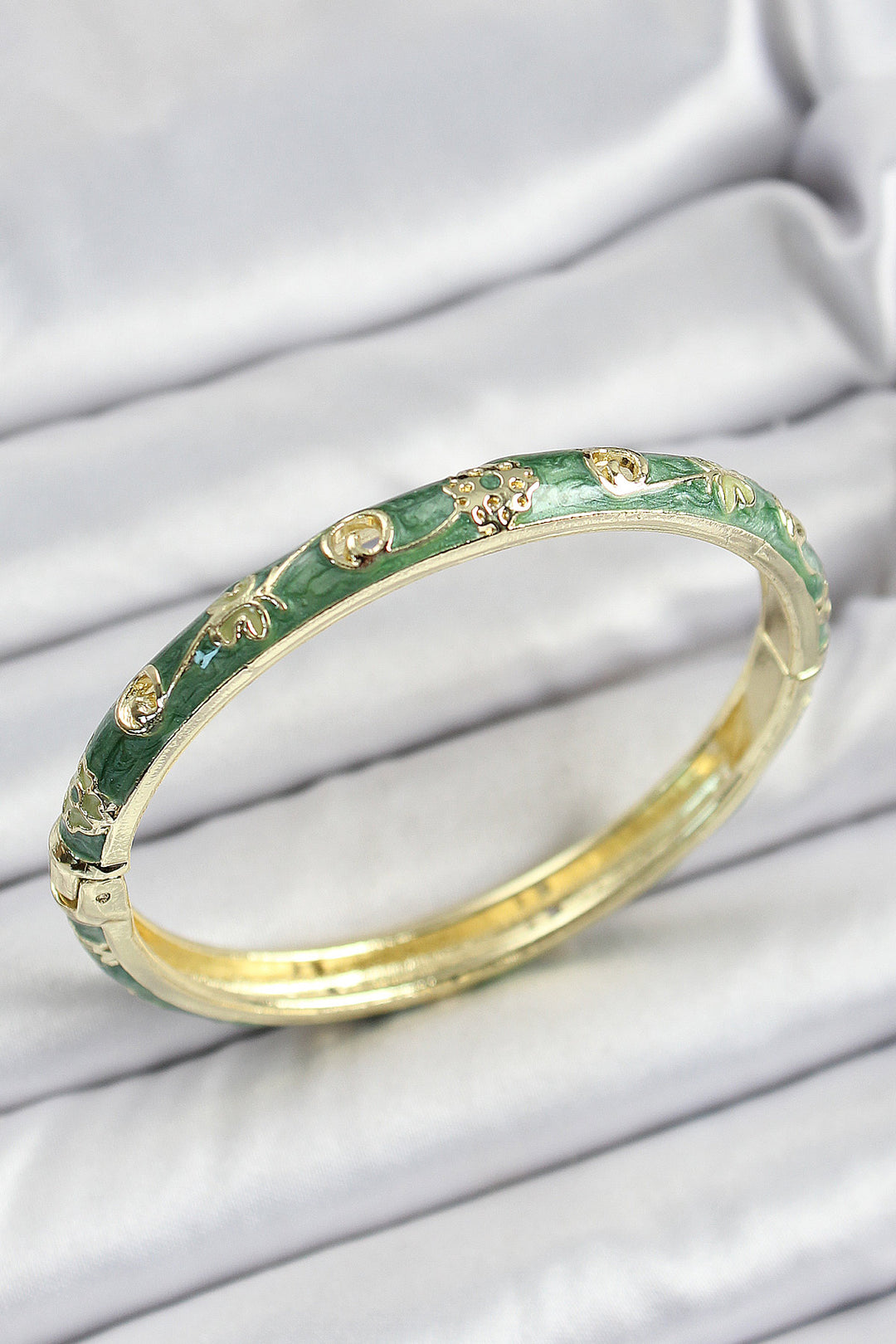 EBJ Enamel Brass Gold-Plated Green Motif Patterned Women's Cuff - Palm Desert