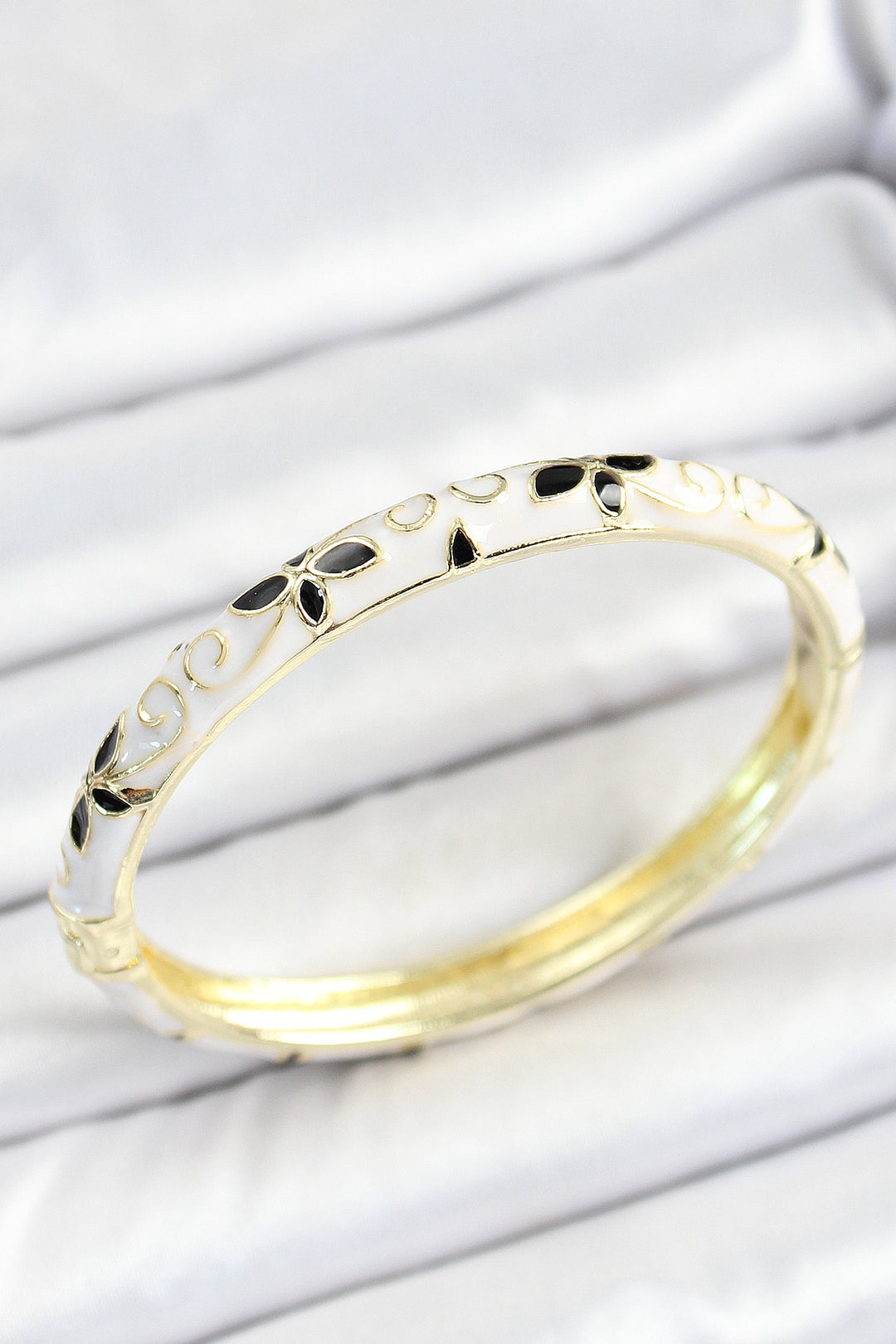 EBJ Mineli Rice Black and White Flower Pattern Gold Color Women's Cuff - North Bethesda