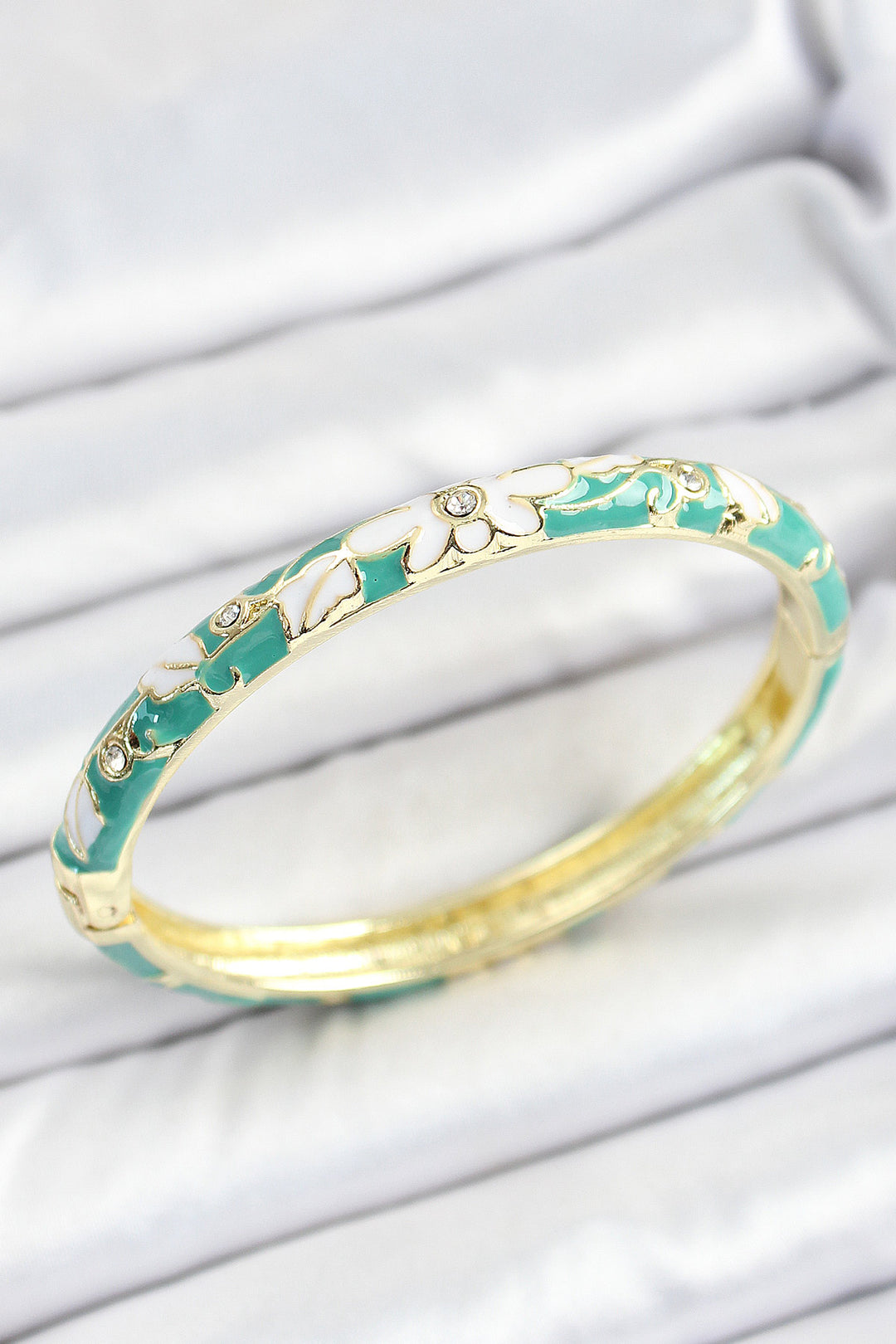 EBJ Enamel Rice Zircon Stone Green White Flower Pattern Gold Color Women's Cuff - Berkeley