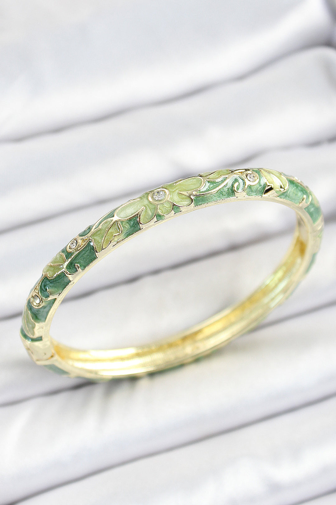 EBJ Enamel Rice Zircon Stone Green Flower Pattern Gold Color Women's Cuff - Friendswood