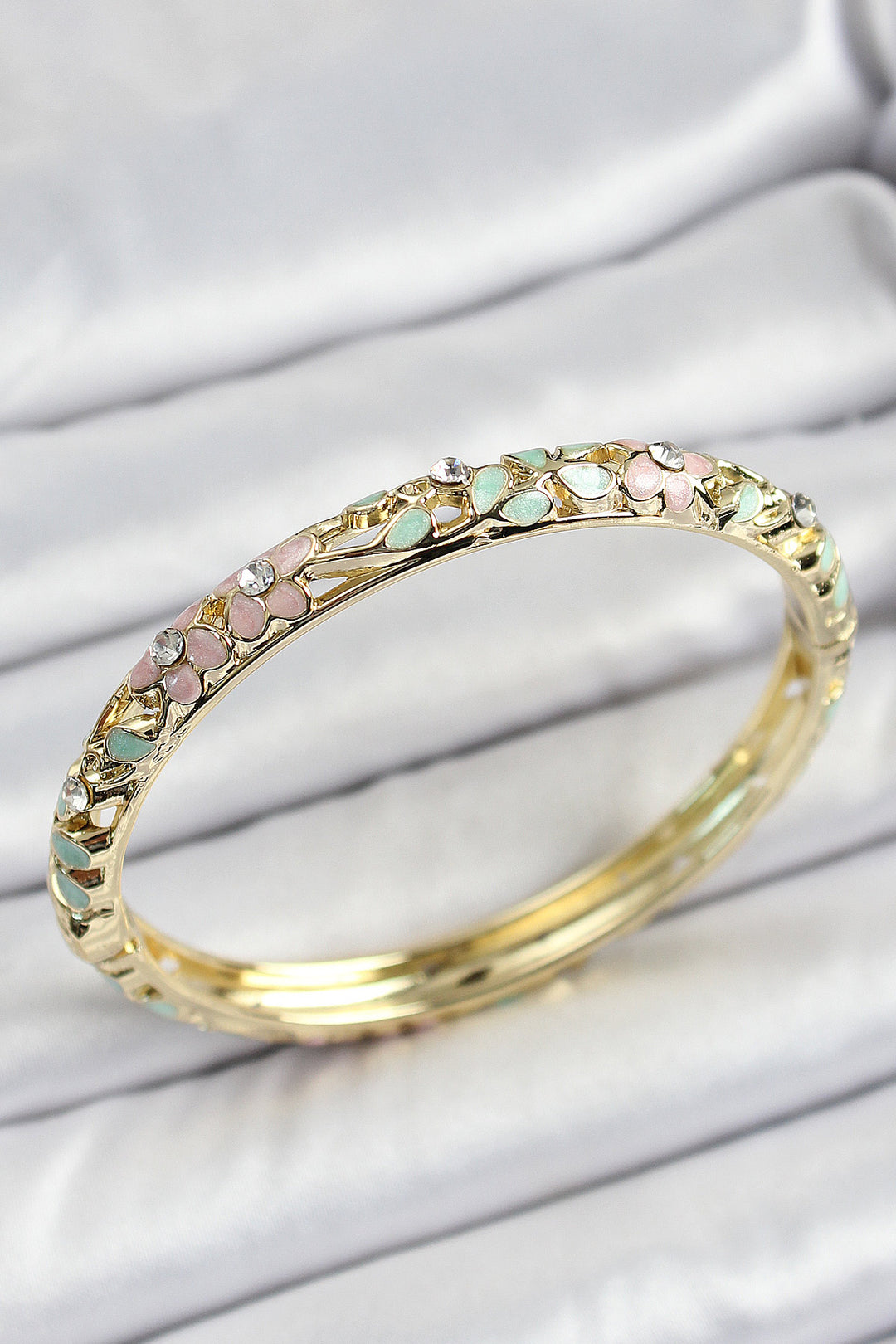 EBJ Enamel Brass Pink Green Flower Patterned Zircon Stone Women's Cuff - Greeley