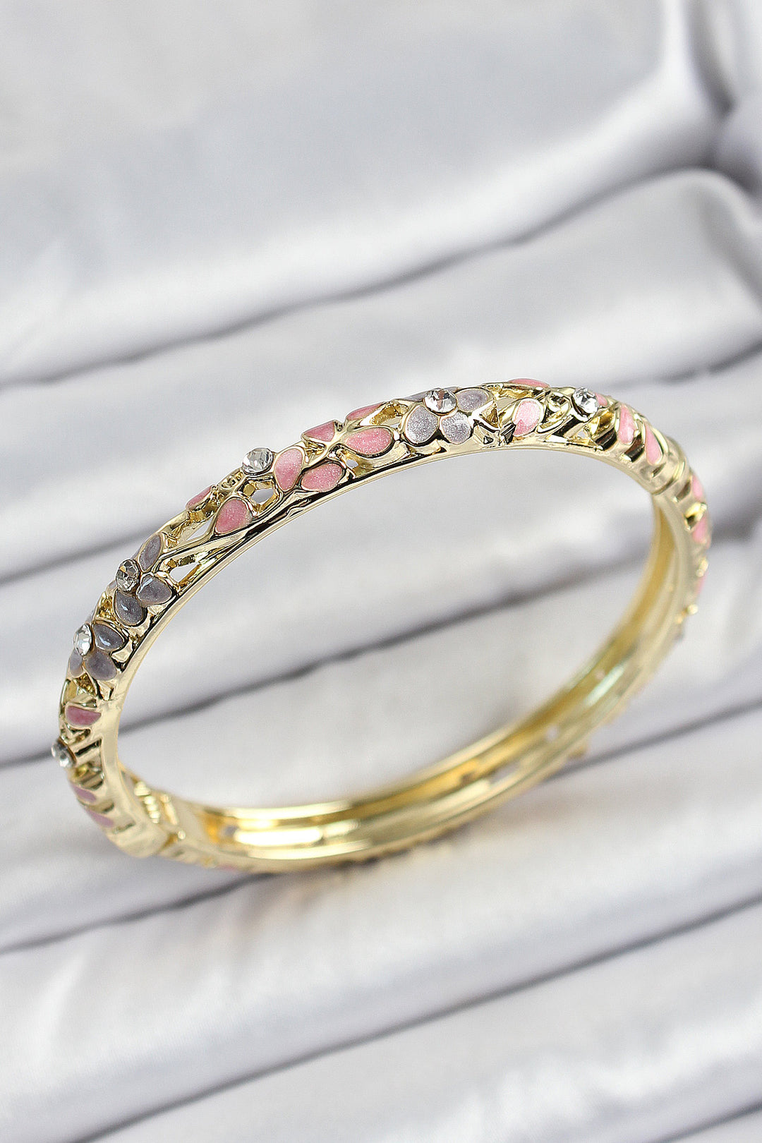 EBJ Mineli Brass Gold Color Pink Flower Motif Women's Cuff - La Mirada