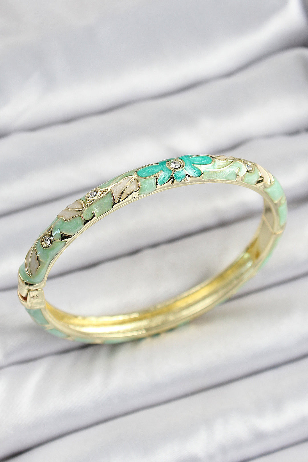 EBJ Enamel Brass Women's Cuff with Green Flower Motif - Miranda de Ebro