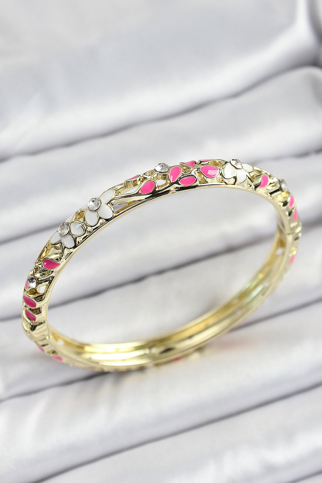 EBJ Enamel Brass Pink White Flower Motif Women's Cuff - Victoriaville