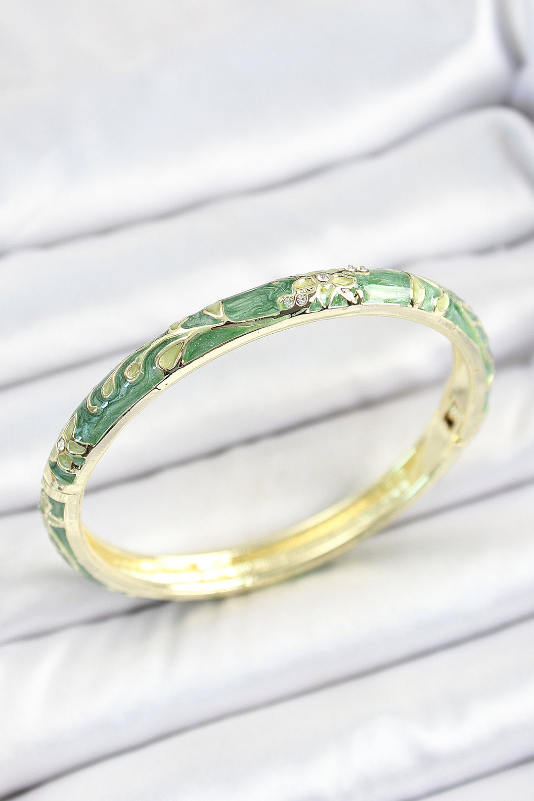 EBJ Enamel Rice Zircon Stone Green Flower Pattern Gold Color Women's Cuff - Appleton