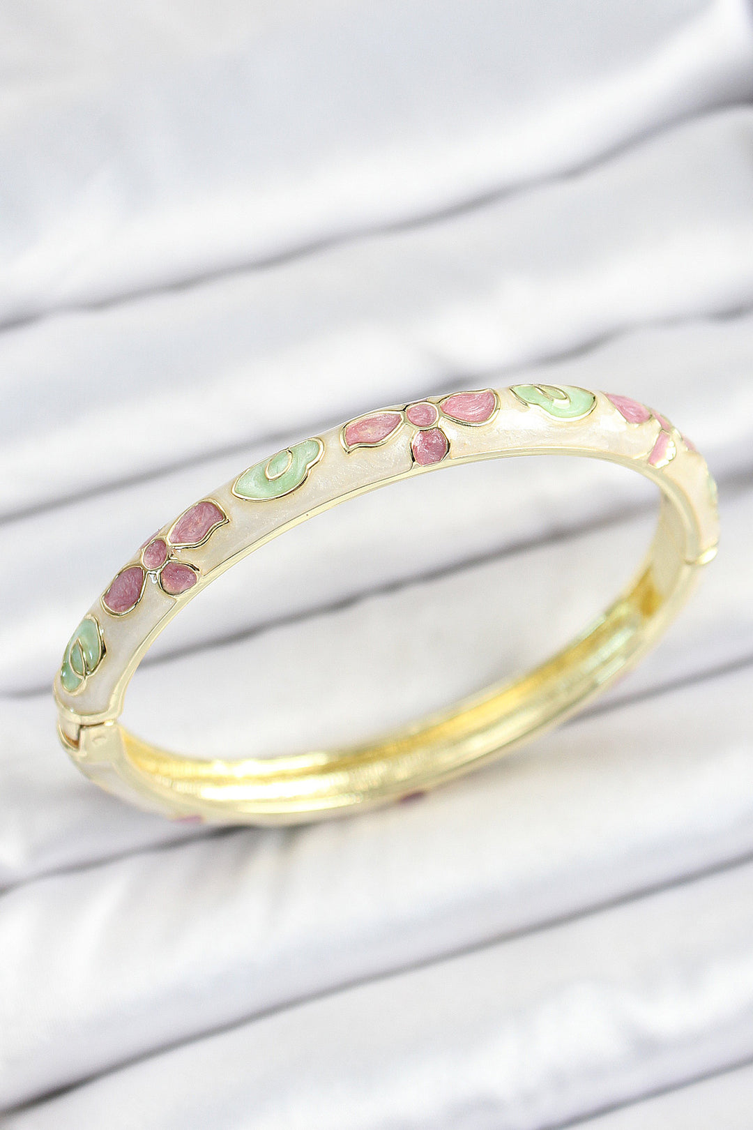 EBJ Mineli Rice Green Pink Flower Patterned Gold Color Women's Cuff - Southport