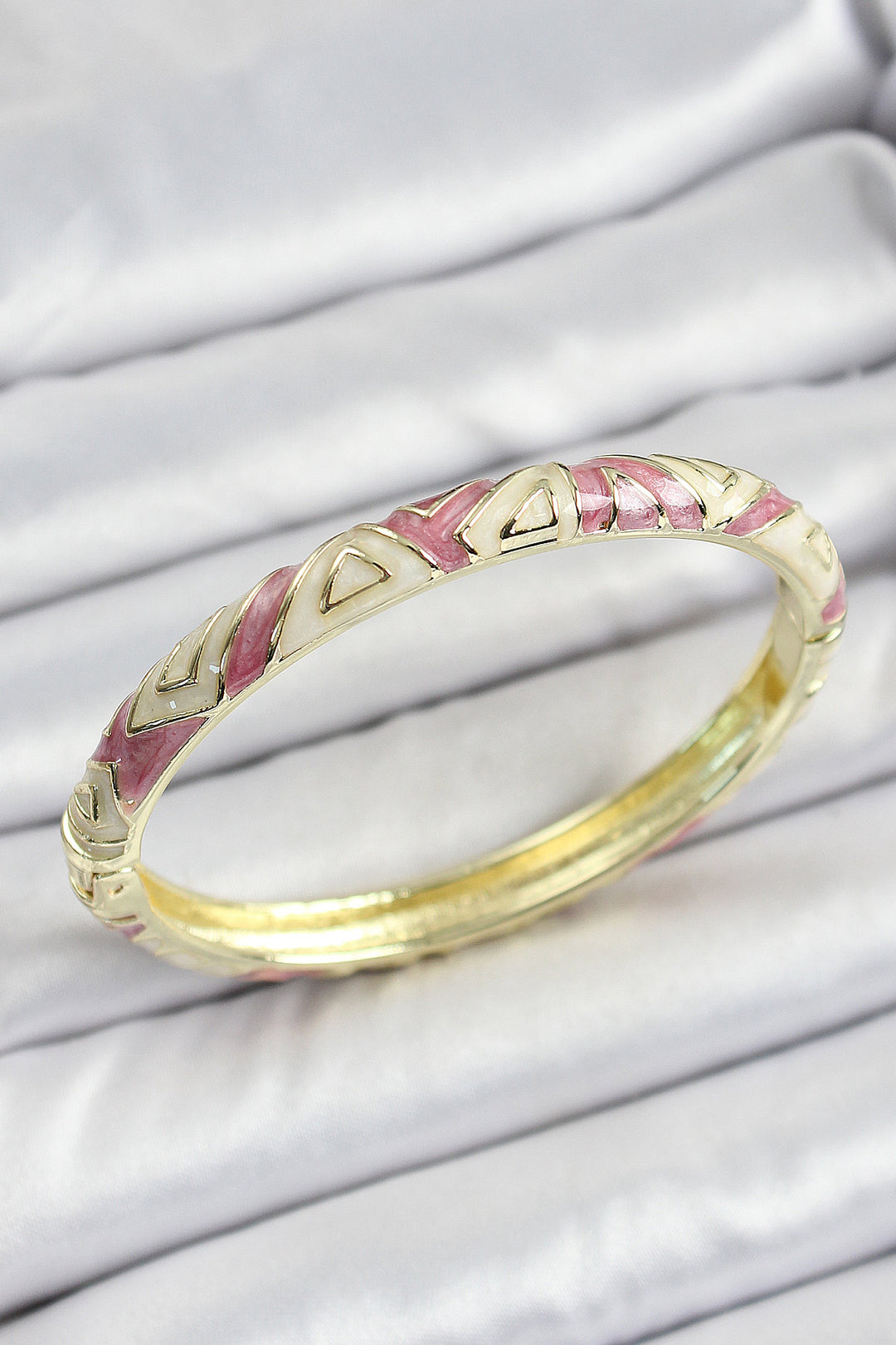 EBJ Mineli Brass Gold Color White and Pink Geometric Patterned Women's Cuff - Palm Beach Gardens