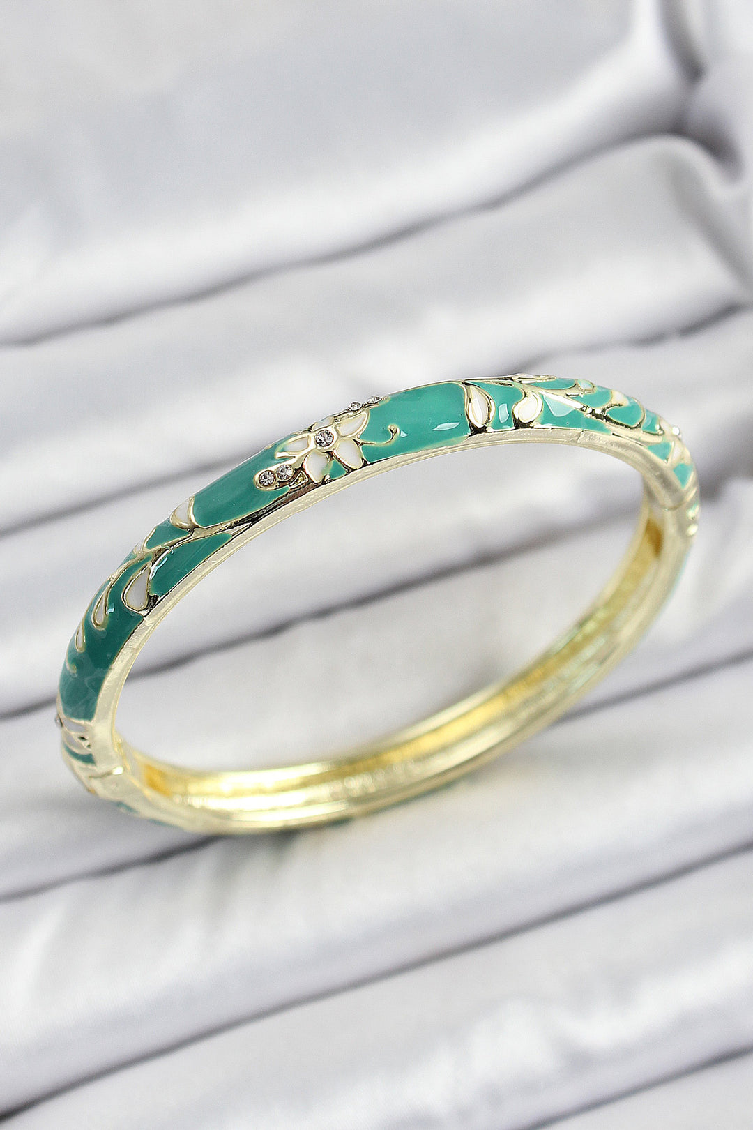 EBJ Enamel Brass Women's Cuff with Green Flower Motif - Angoulême