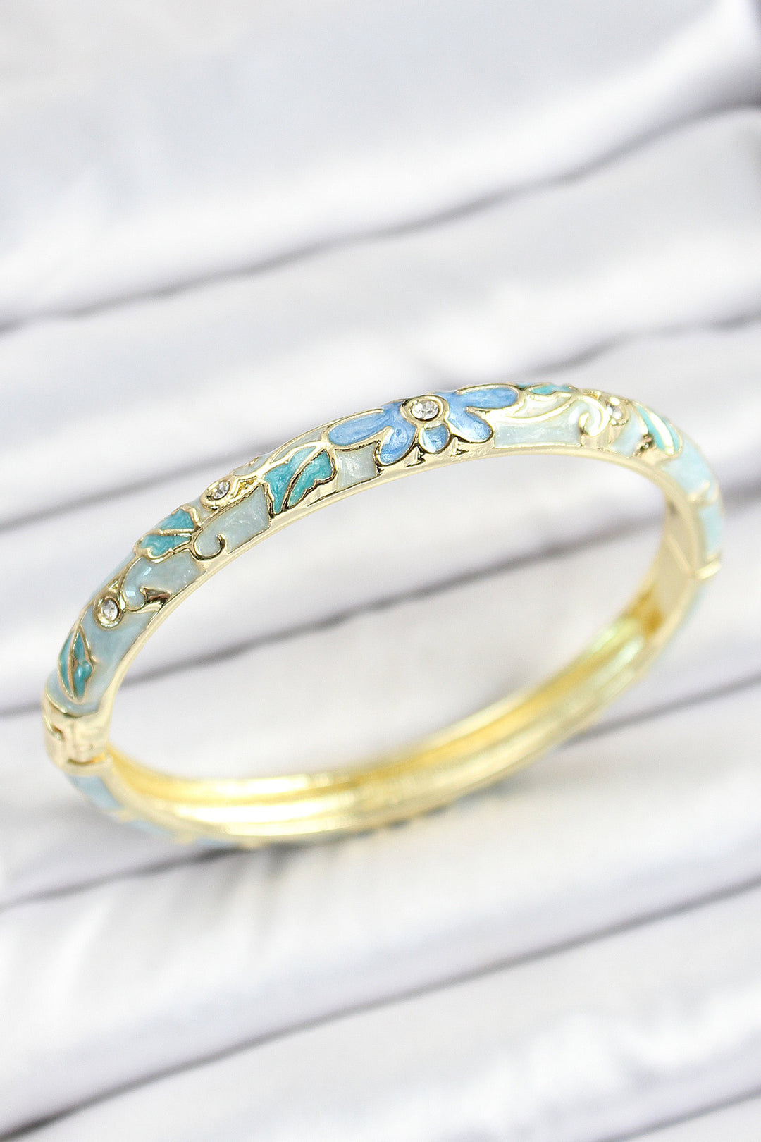 EBJ Blue Flower Patterned Gold Color Women's Bracelet with Enamel Rice Zircon Stone - Plymouth