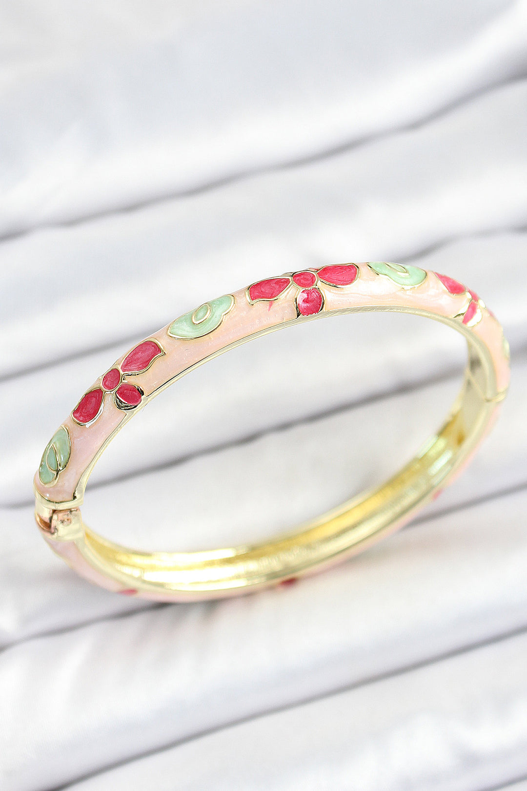 EBJ Mineli Rice White Pink Green Flower Patterned Gold Color Women's Cuff - Arnold