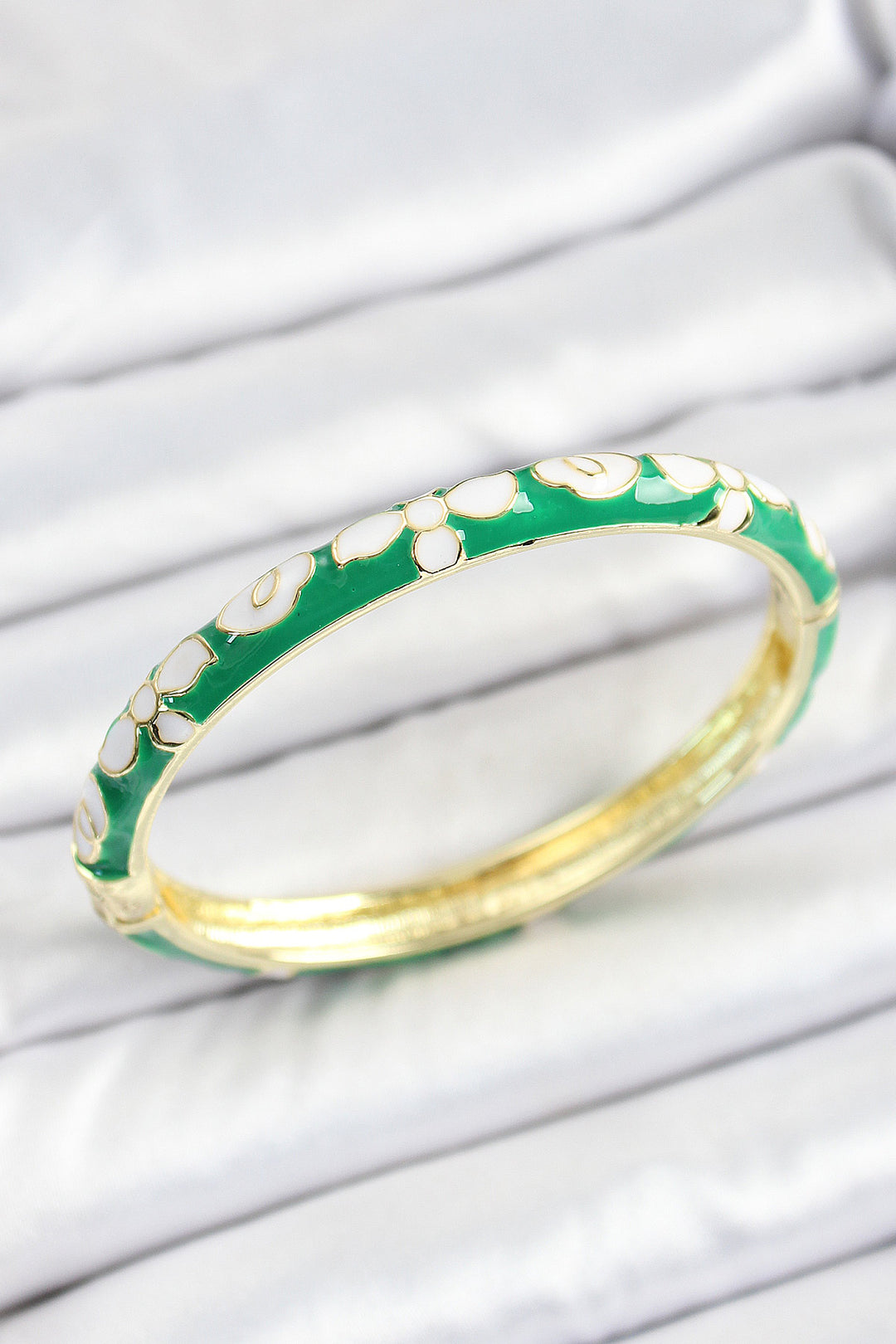 EBJ Mineli Rice White Green Flower Patterned Gold Color Women's Cuff - Chieti