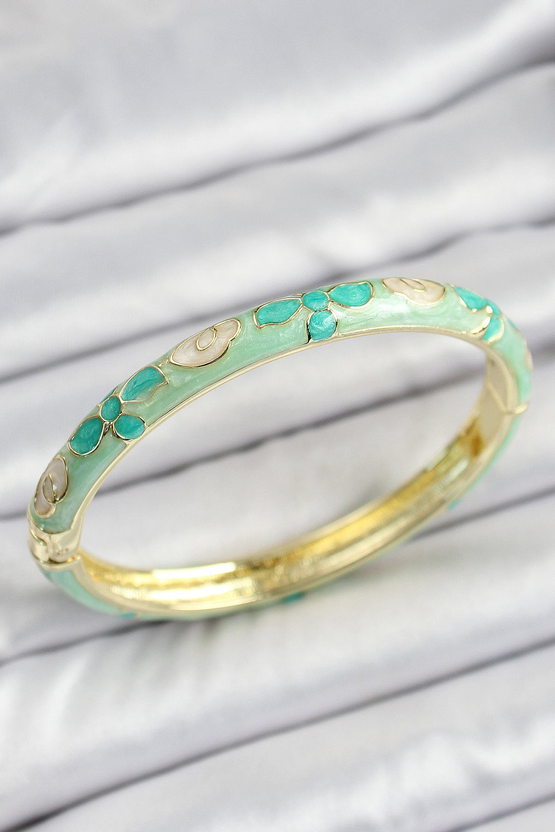 EBJ Enamel Brass Gold Color Water Green Flower Motif Women's Cuff - Mission