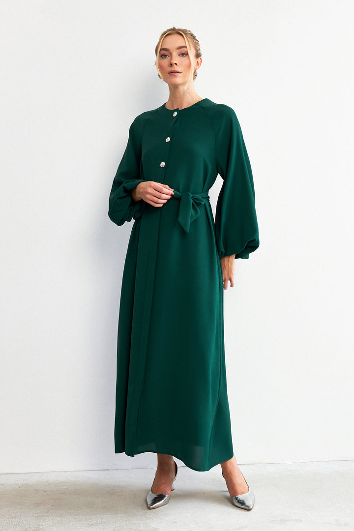 ZRF Women Balloon Sleeve Buttoned Abaya Dress - Emerald - Kennewick