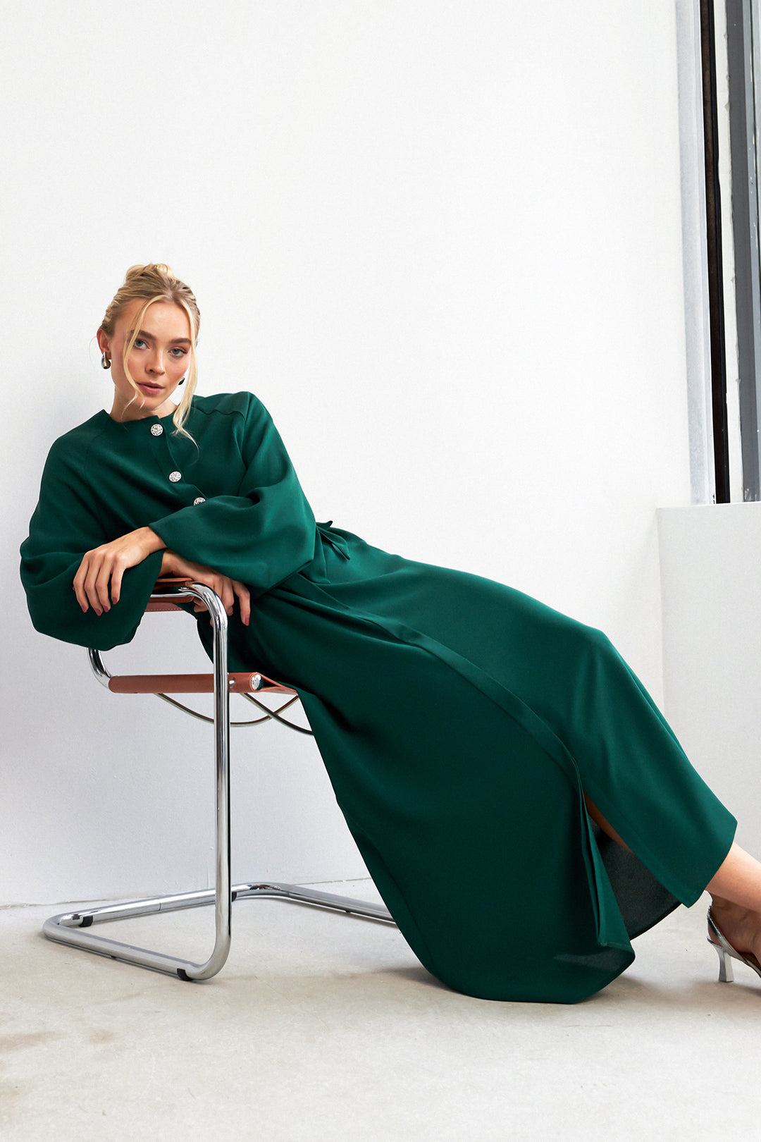 ZRF Women Balloon Sleeve Buttoned Abaya Dress - Emerald - Kennewick