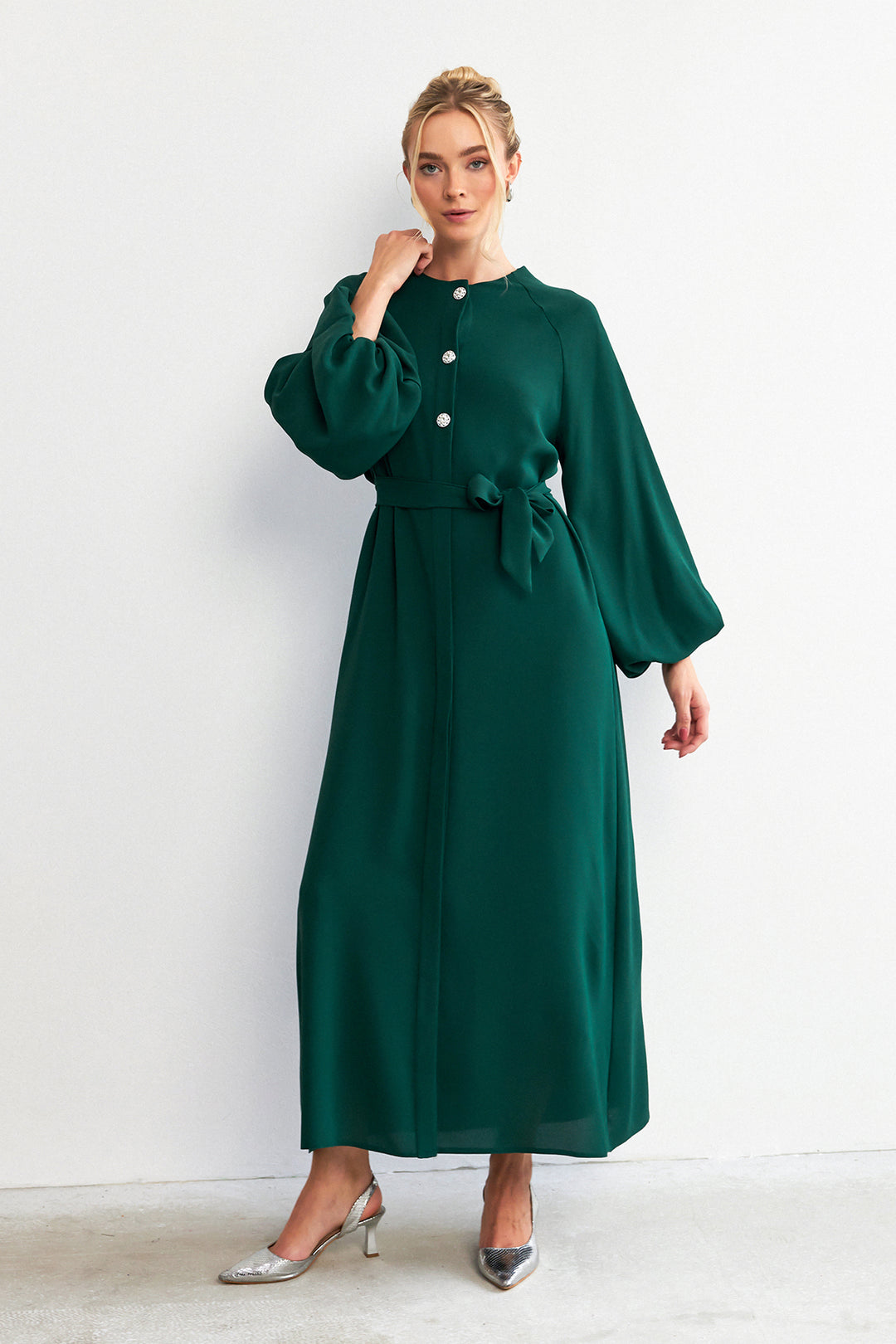 ZRF Women Balloon Sleeve Buttoned Abaya Dress - Emerald - Kennewick