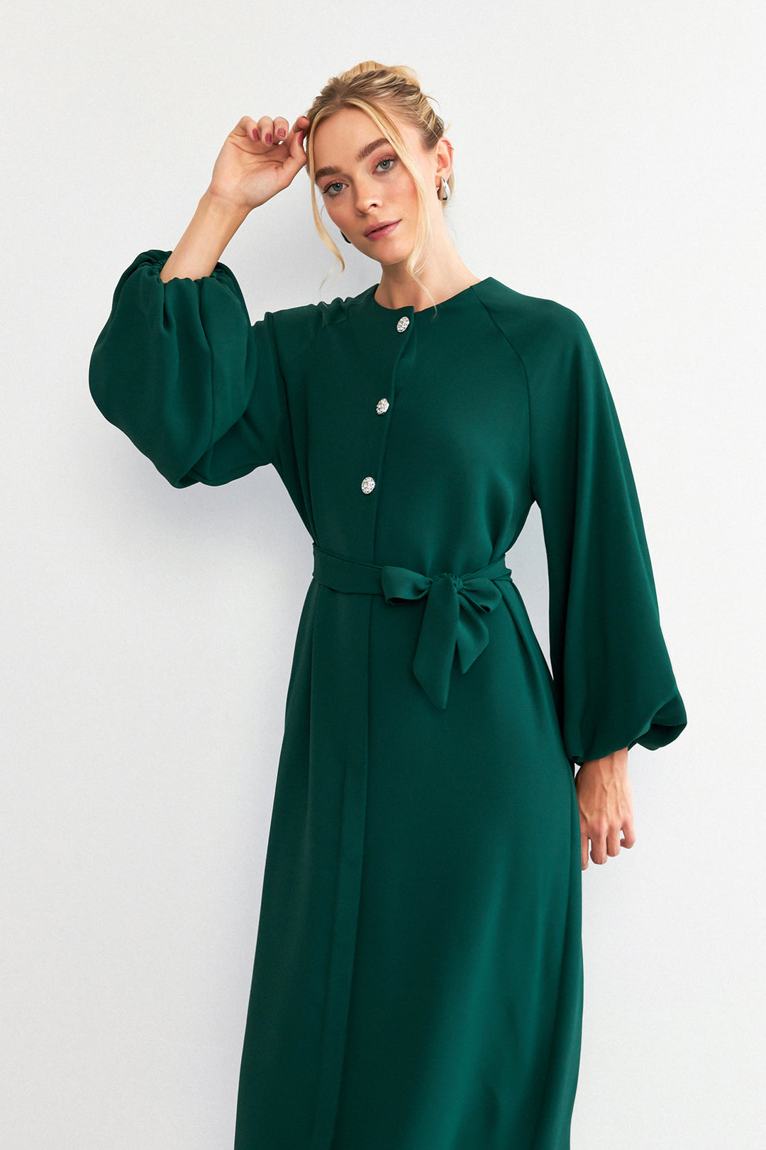ZRF Women Balloon Sleeve Buttoned Abaya Dress - Emerald - Kennewick