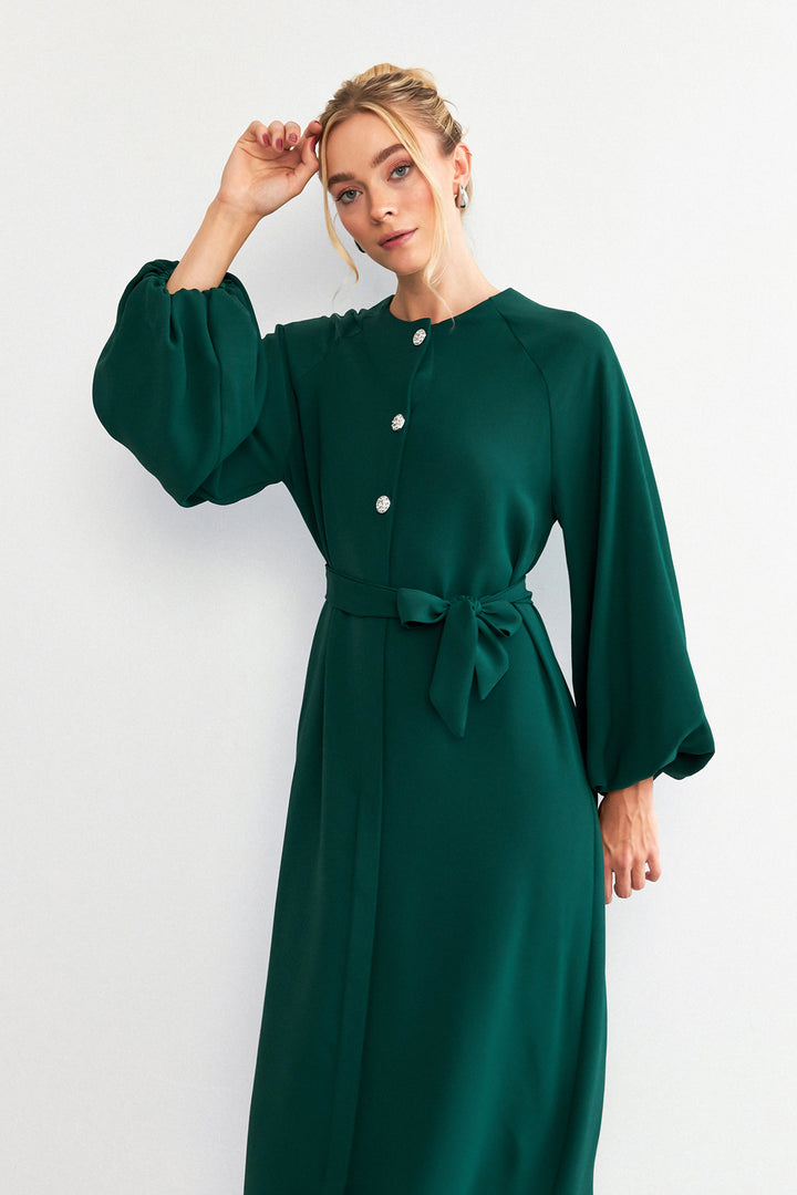 ZRF Women Balloon Sleeve Buttoned Abaya Dress - Emerald - Kennewick