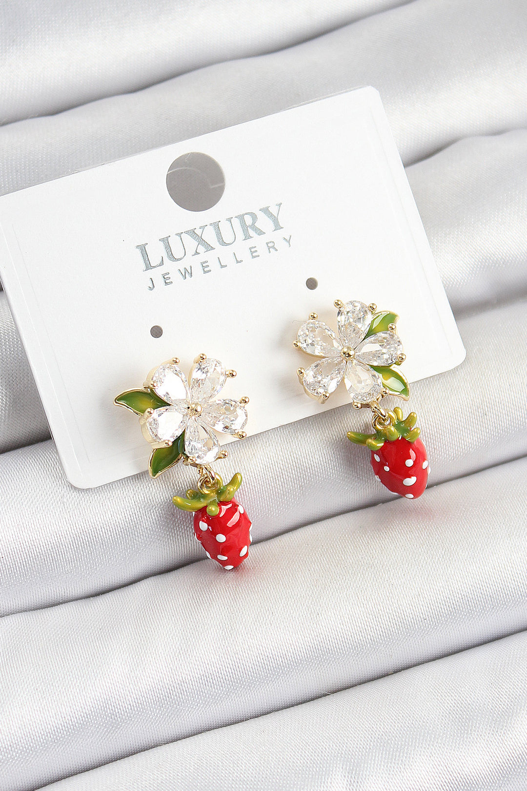 EBJ Rice Grain Enamel Zircon Stone Flower Model Dangling Strawberry Detailed Gold Color Women's Earrings - Detroit