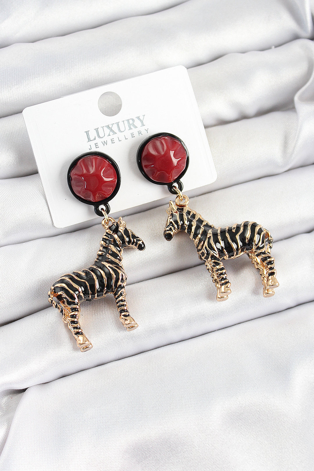 EBJ Rice Bordeaux Swinging 3D Zebra Model Gold Color Women's Earrings - Manitowoc