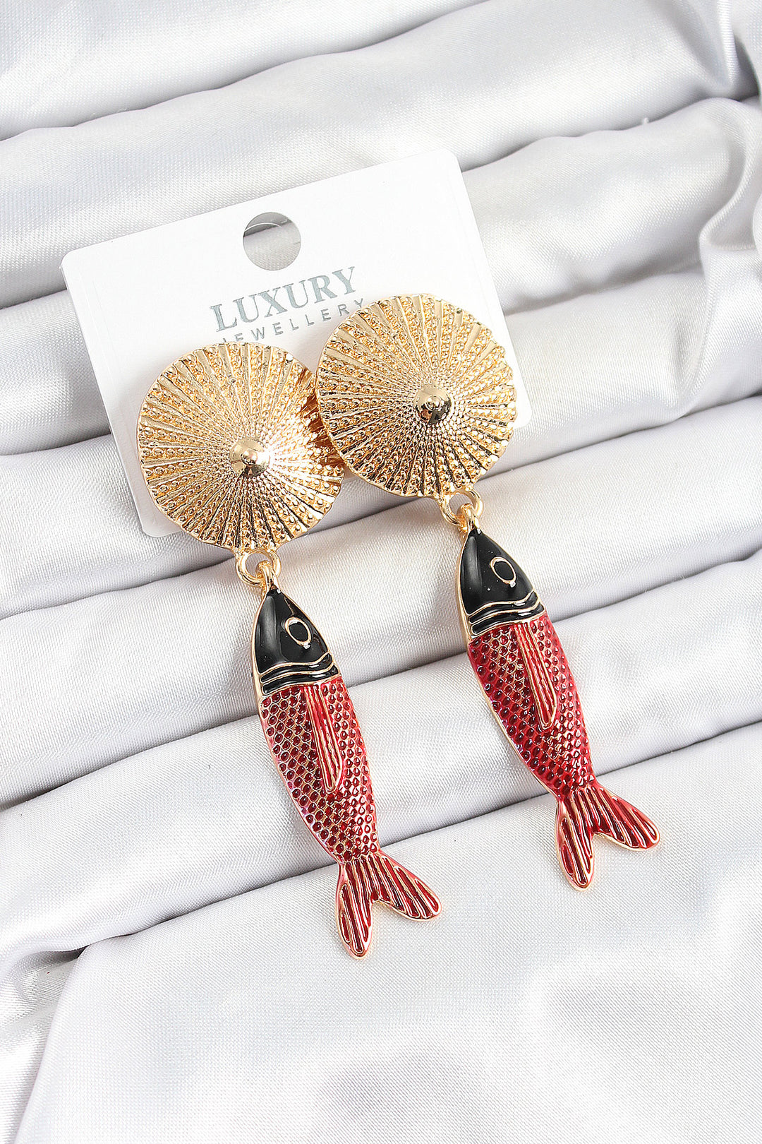 EBJ Gold Color Women's Earrings with Rice Shaped Zircon Stones and Red Black Fish Design - Madrid