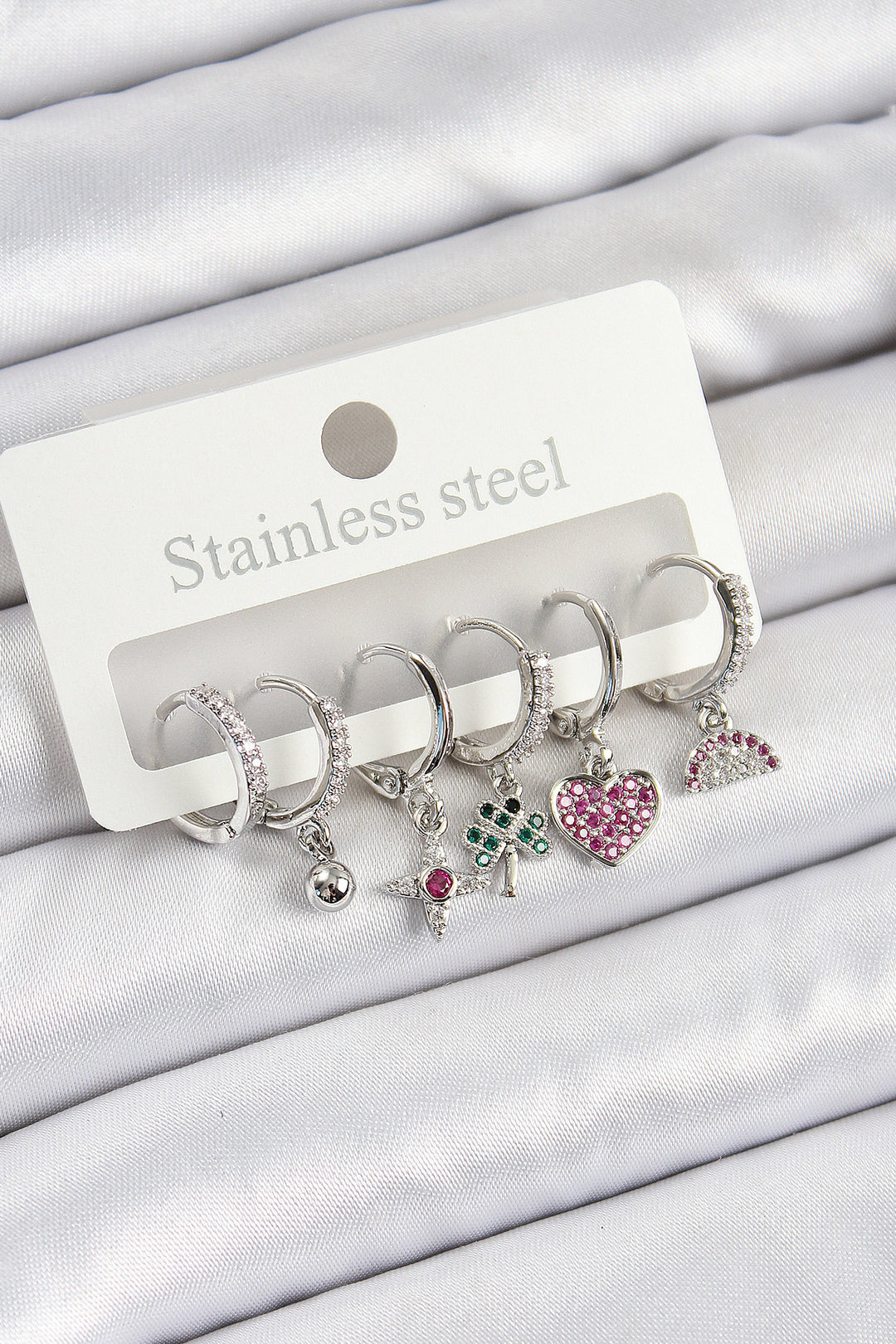 EBJ Rice Zircon Stone Watermelon Clover Heart Compass Mixed Model Silver Color 6-Piece Set Women's Earrings - Santo Tirso