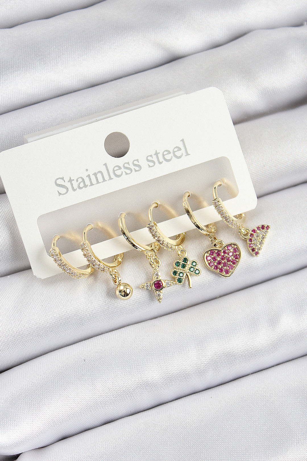 EBJ Rice Zircon Stone Watermelon Clover Heart Compass Mixed Model Gold Color 6-Piece Set Women's Earrings - Lebanon