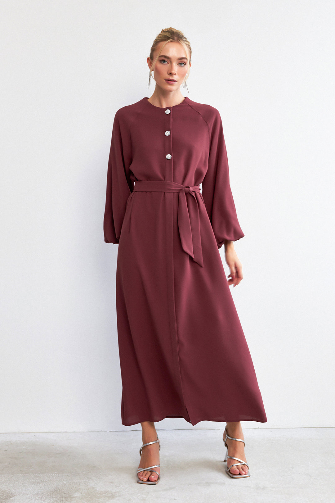 ZRF Women Balloon Sleeve Buttoned Abaya Dress - Rose Pink - Whanganui