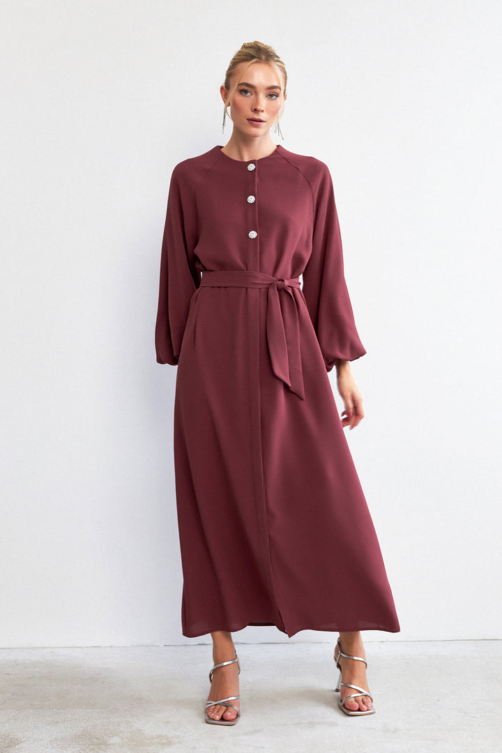 ZRF Women Balloon Sleeve Buttoned Abaya Dress - Rose Pink - Whanganui