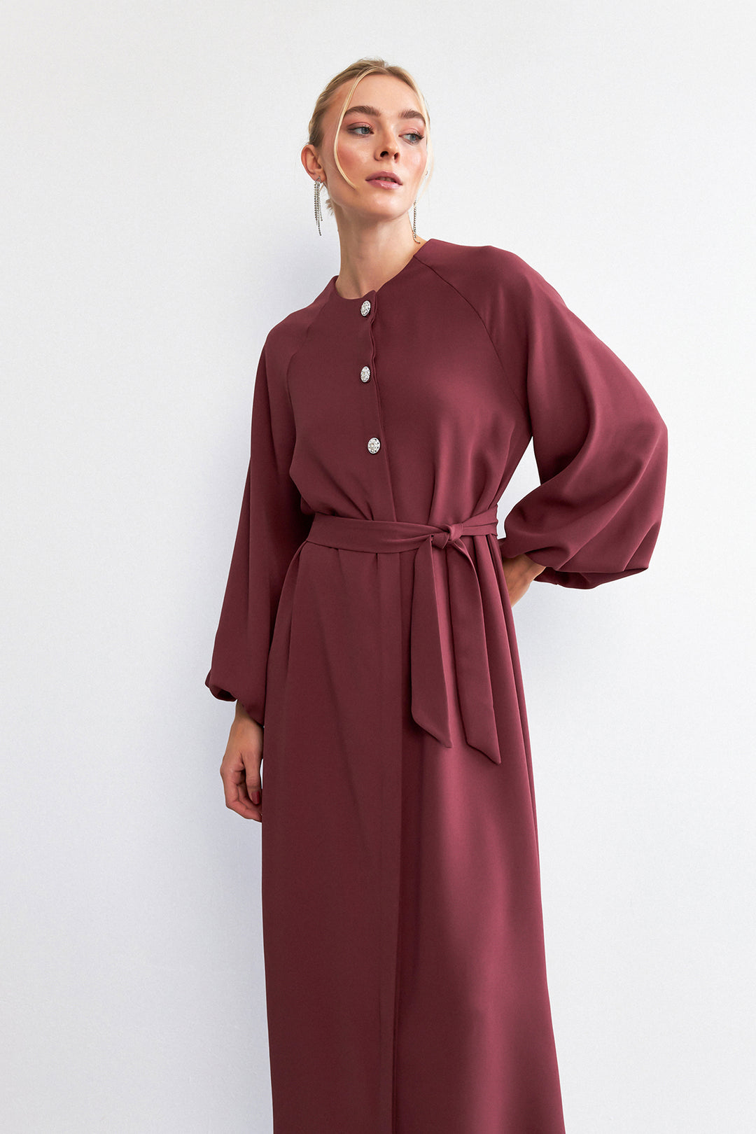 ZRF Women Balloon Sleeve Buttoned Abaya Dress - Rose Pink - Whanganui