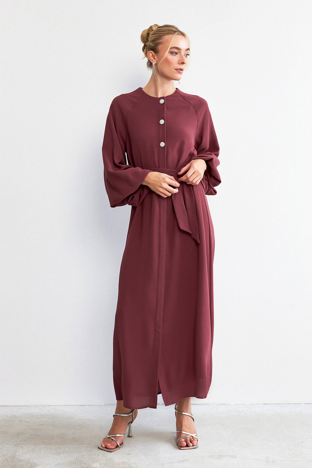 ZRF Women Balloon Sleeve Buttoned Abaya Dress - Rose Pink - Whanganui